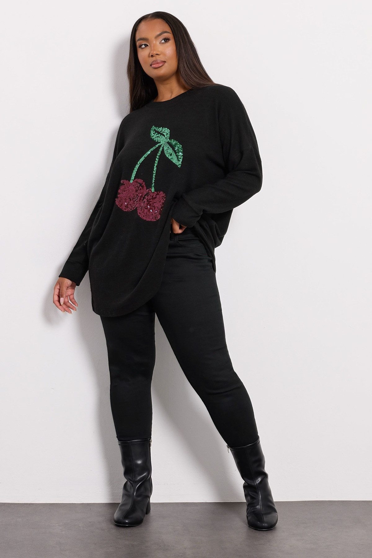 Stil Diva Tunika Pailletten-Tunika in Übergröße mit langen Ärmeln und Rundhalsausschnit