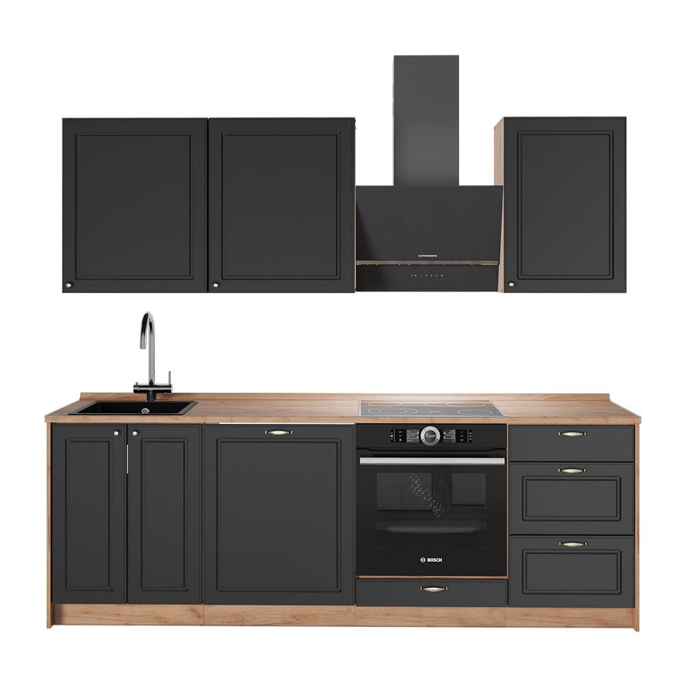 Vicco Küchenzeile Fame-Line, Anthrazit-Gold Landhaus/Goldkraft Eiche, 230 cm, AP Eiche