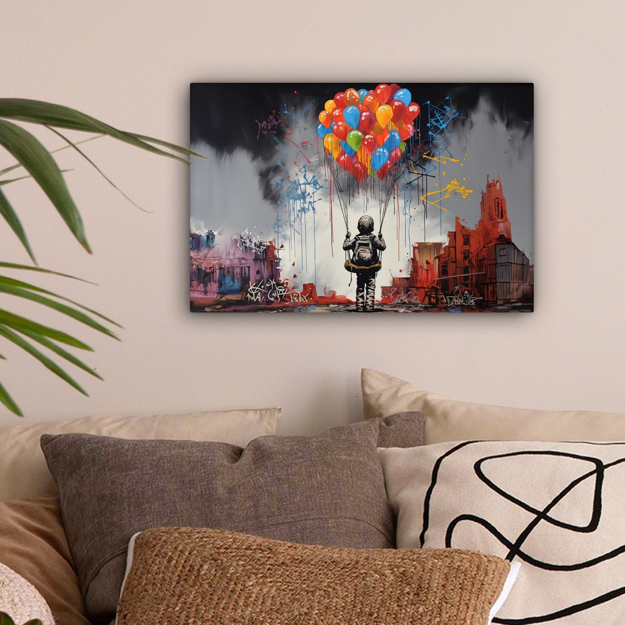 OneMillionCanvasses® Leinwandbild Junge - Luftballons - Bauwerke - Kunst, F günstig online kaufen