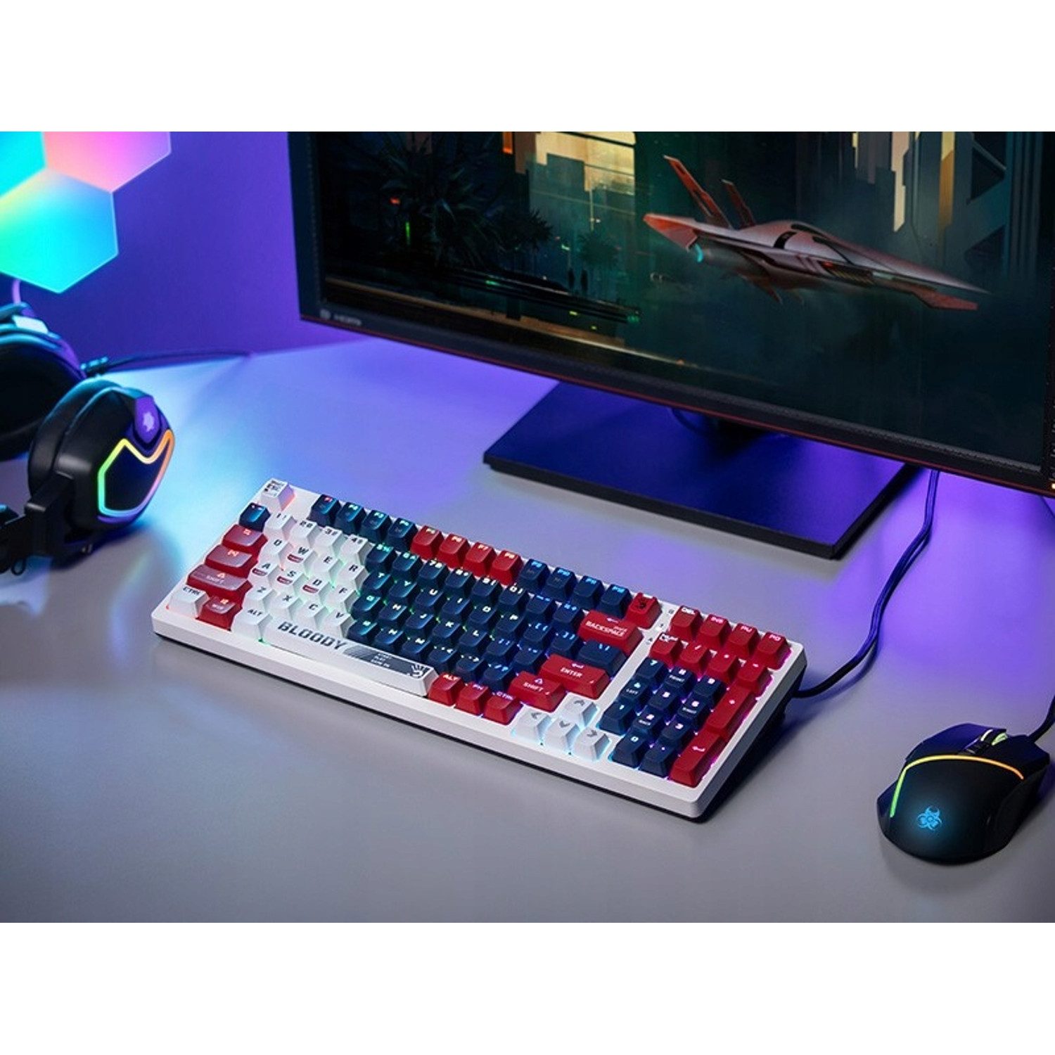 BLOODY S98 USB Mechanische Tastatur Qwerty Gaming-Tastatur (Sports Navy BLMS Red Plus Switches)