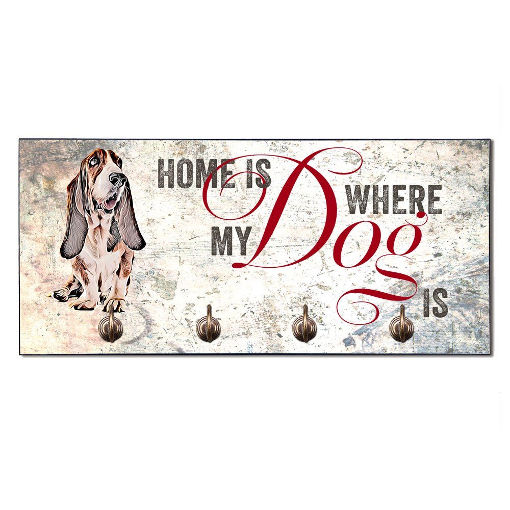 Cadouri Wandgarderobe BASSET Hundegarderobe - Wandboard für Hundezubehör (Garderobe mit 4 Haken), MDF, mit abgeschrägten Ecken, handgefertigt, für Hundebesitzer
