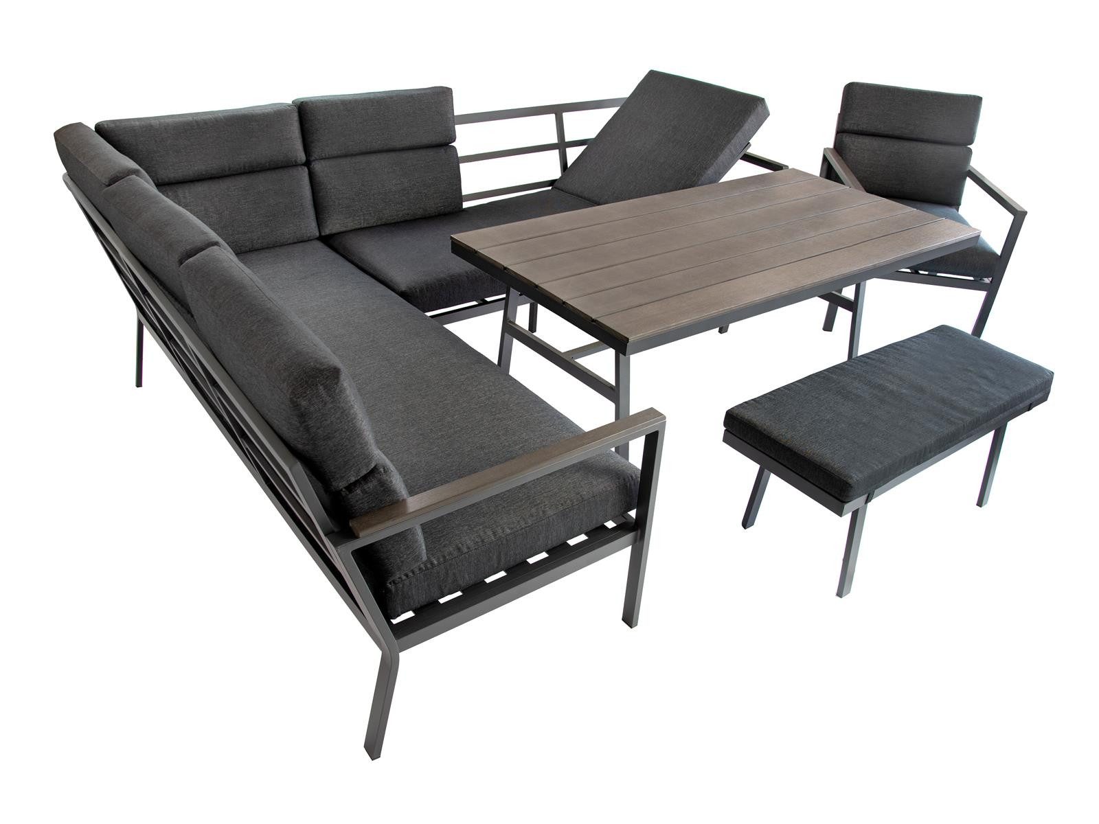 Green Spirit Loungeset Siena Ecklounge 9 Personen Aluminium Anthrazit Holzoptik-Tisch, (Set, 5-tlg., 1x Eckbank (2x 3-Sitzer Bank), 1x Bank, 1x Sessel, 1x Tisch), Aluminium, grau, für 9 Personen, wetterfest, Garten, Terrasse, Outdoor