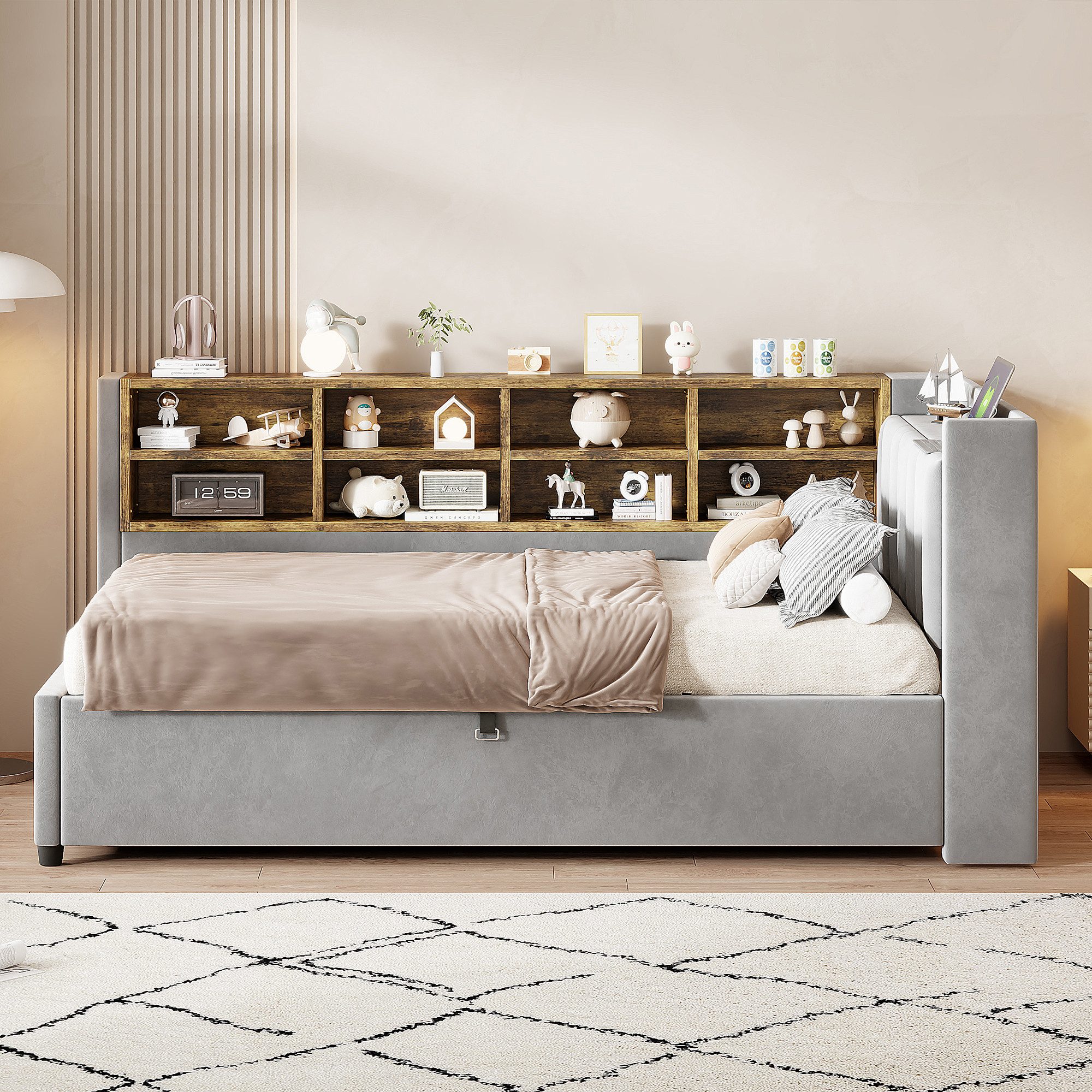 MODFU Schlafsofa Mit Hydraulischem Stauraum, Nachtlicht, USB & Typ-C Ladeanschlüssen, Samt,Polsterbett mit Ablagen und Staufächern, Multifunktionales Kinderbett 90x200 cm, ohne Matratze