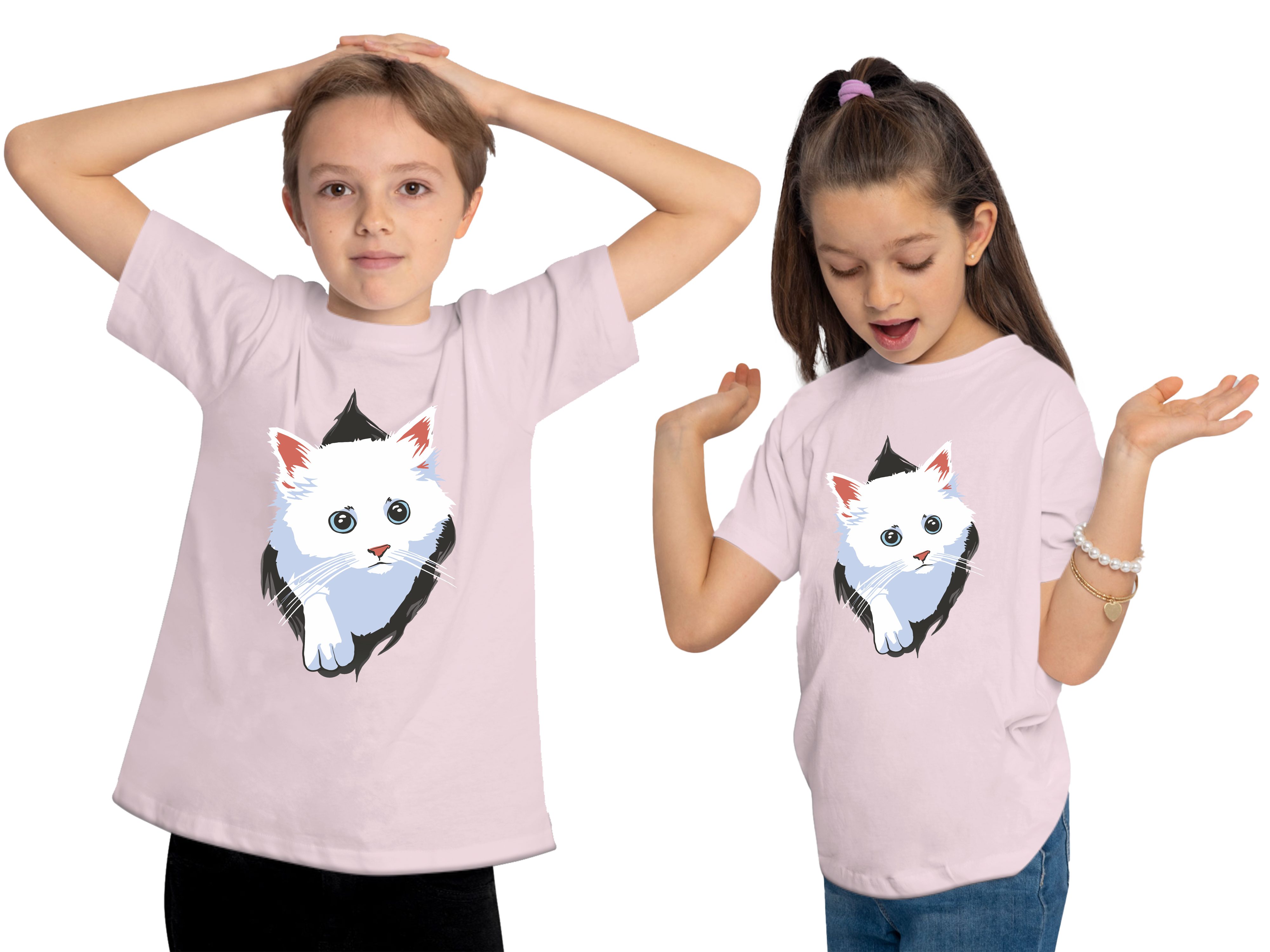 MyDesign24 Print-Shirt bedrucktes Mädchen Katzen T-Shirt - weiße Katze aus dem Shirt Kurzarm Baumwollshirt mit Aufdruck i113