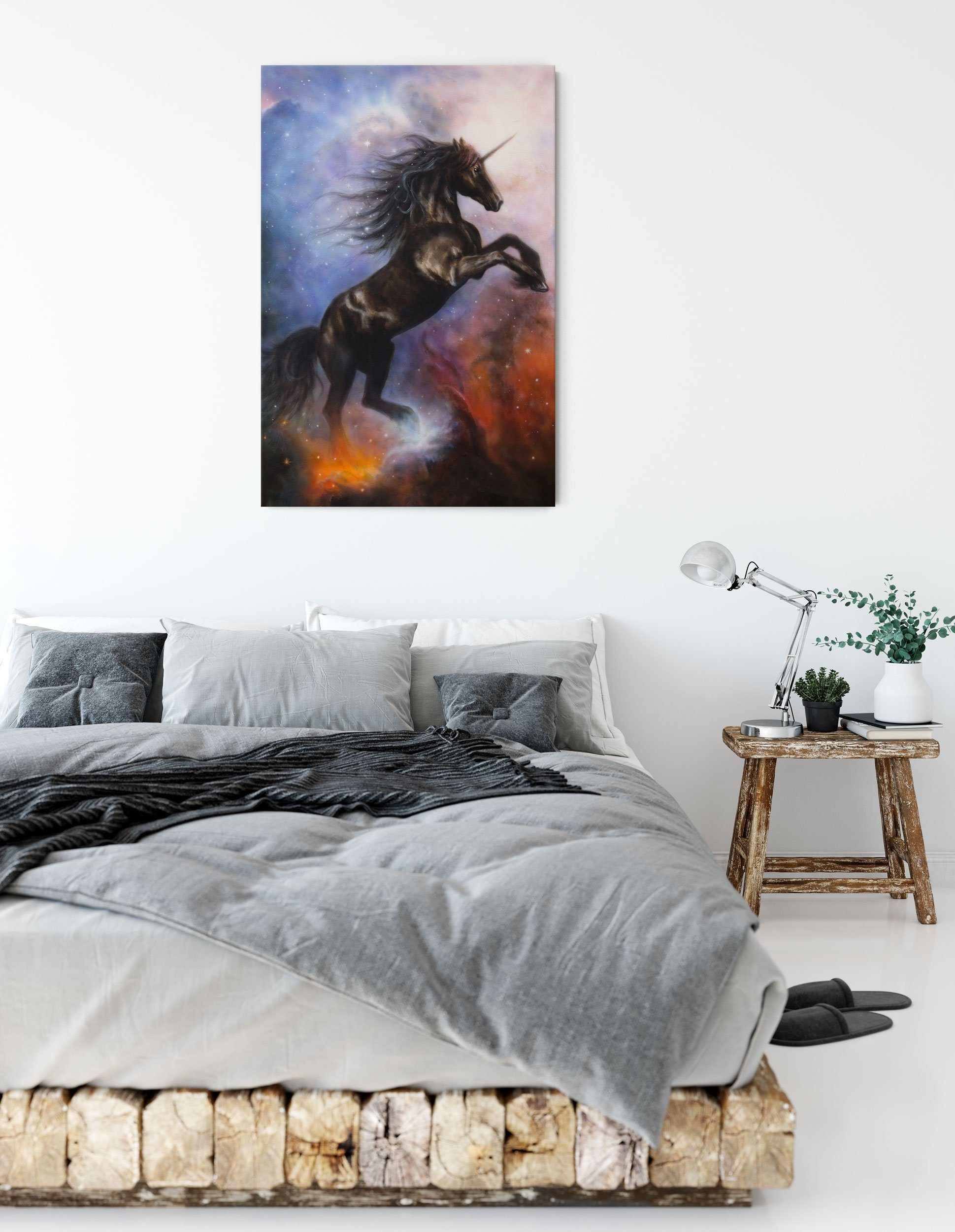 Pixxprint schwarzes Leinwandbild bespannt, fertig Traumhaftes Einhorn (1 St), Traumhaftes Zackenaufhänger schwarzes inkl. Einhorn, Leinwandbild