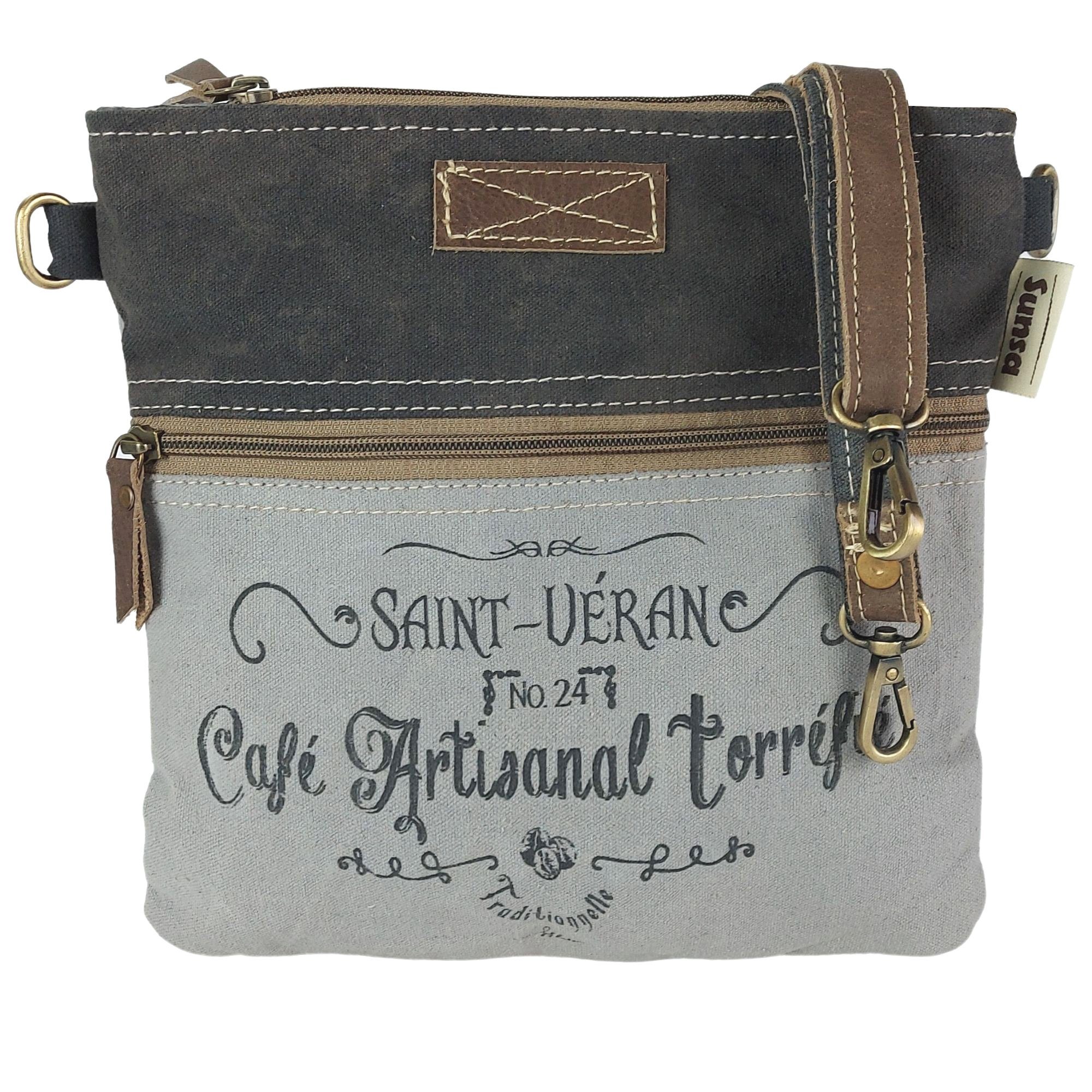 in Vintage Tasche 52665, Retro Material Canvas Handtasche für der Vintage druck schwarze Still Damen. Sunsa recyceltes enthält an Umhängetasche Frontfach, Kleine Umhängetasche.