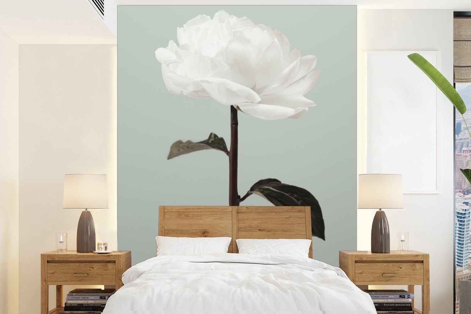 MuchoWow Fototapete Blumen - Rose - Grün - Weiß - Stilleben, Matt, bedruckt, (4 St), Montagefertig Vinyl Tapete für Wohnzimmer, Wandtapete