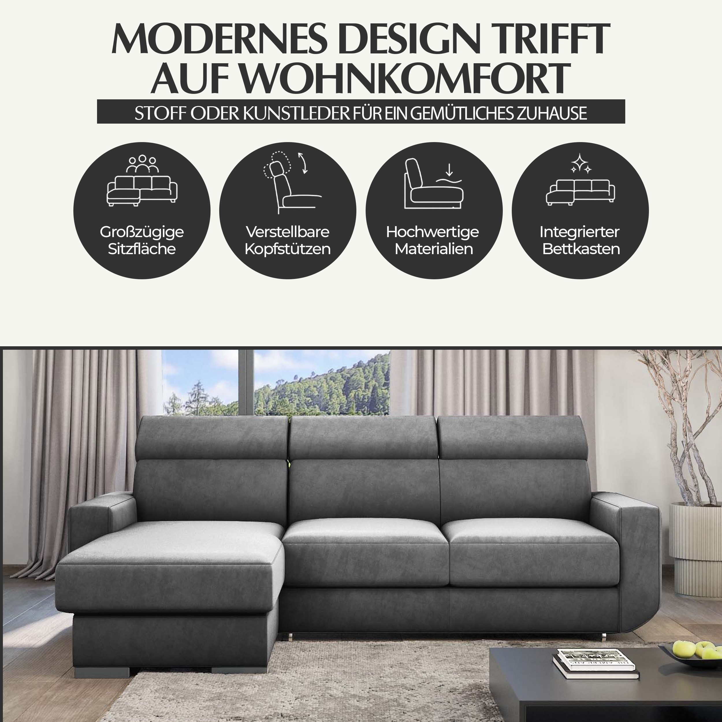 Goldstoff Ecksofa mit Schlaffunktion & Bettkasten "HUGO" verstellbare Kopfstützen, L-Form Couch mit Schlaffunktion und Bettkasten - Sofa, mit Relaxfunktion