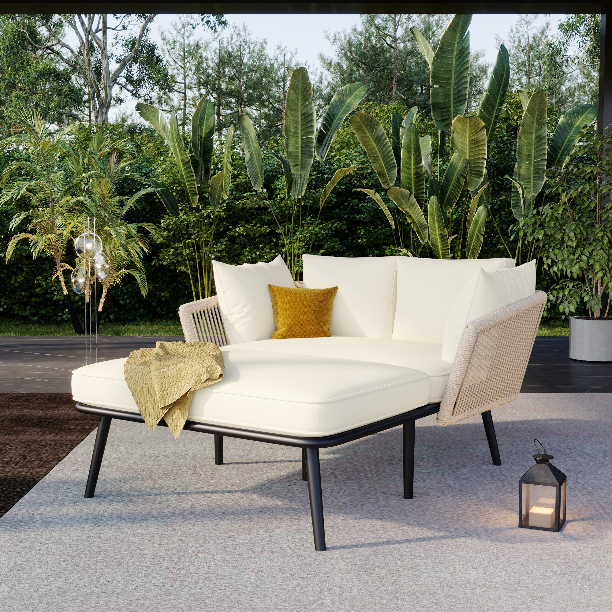 STILVORA Gartensofa mit 2 Kissen und 2 Polster Gartenlounge abnehmbar und waschbar Beige, Loungemöbel mit waschbaren Polyestertuch, Armlehnen und Rückenlehne mit Seilen