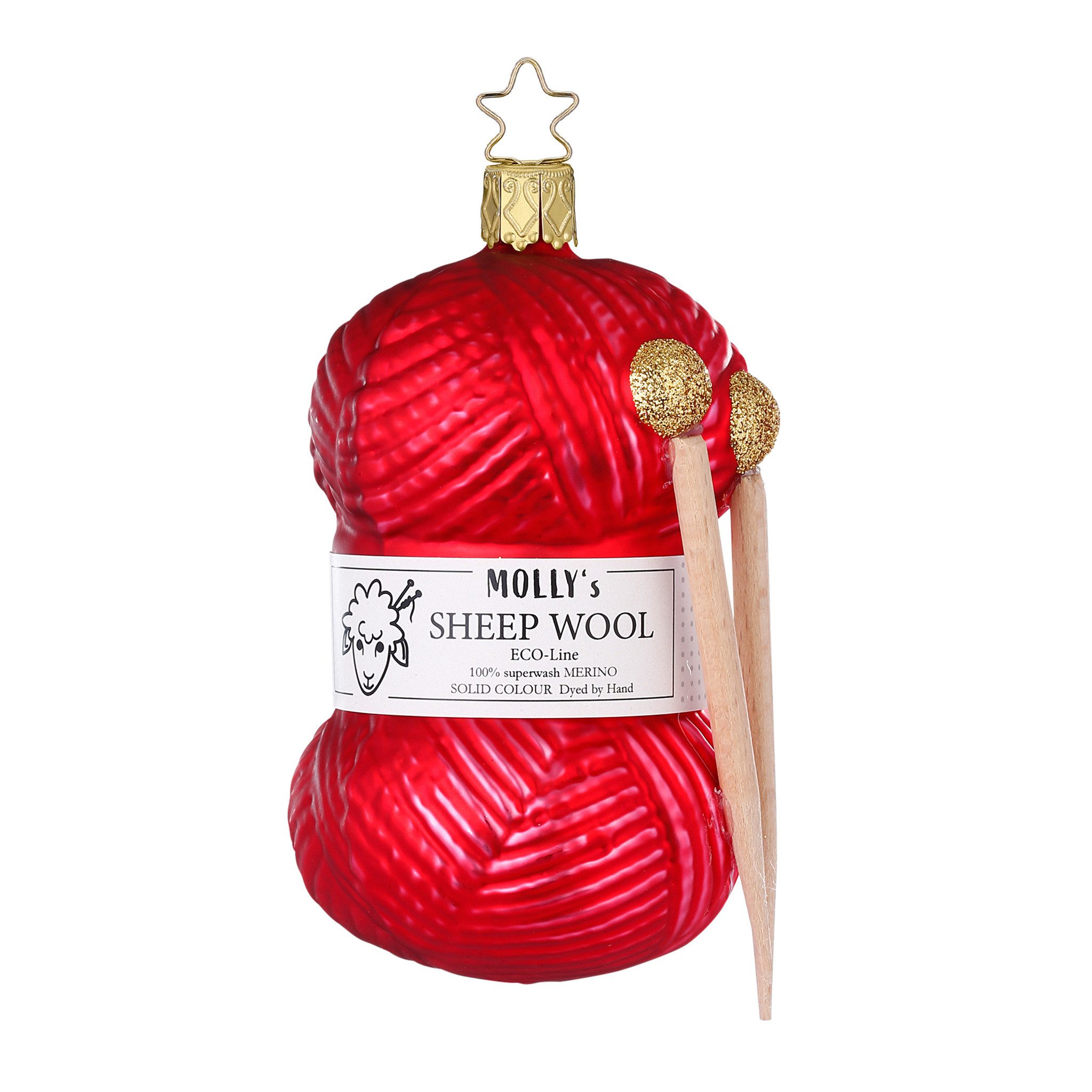 INGE-GLAS® Christbaumschmuck, Christbaumschmuck Glas Strickgarn mit Stricknadeln 11cm rot