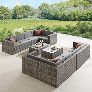 Mucola Gartenlounge-Set Sitzgarnitur Grau Polyrattan Gartenset Rattanlounge Gartenmöbel, (Set, Tisch mit Ecksofa), inkl. Auflagen und Staufach