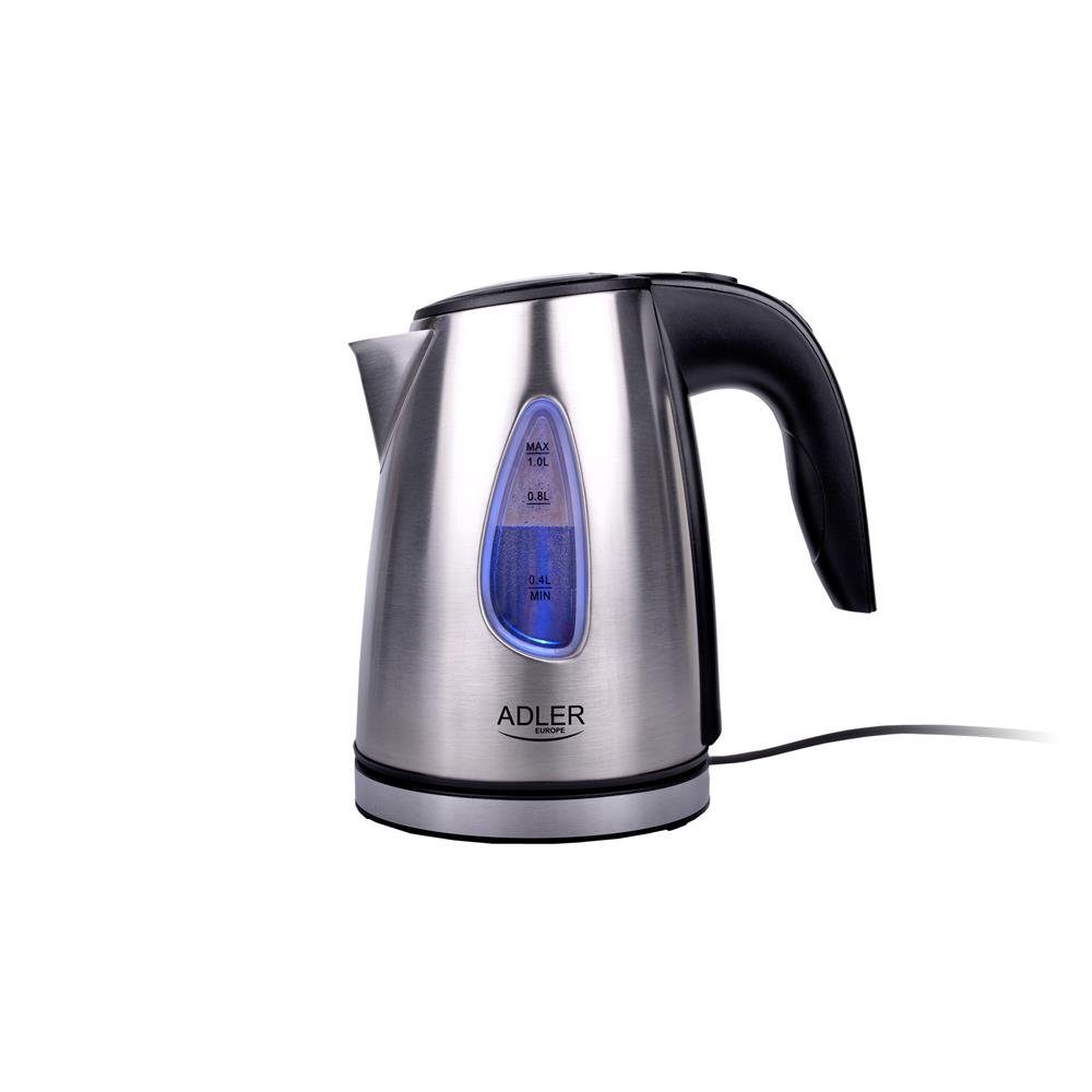 ADLER EUROPE Wasserkocher AD 1203 kleiner Edelstahl Wasserkocher für Büro, Singleküche, 1 l, 1630 W, blaue LED Beleuchtung, 360° Basis, schnellkochend Silbern