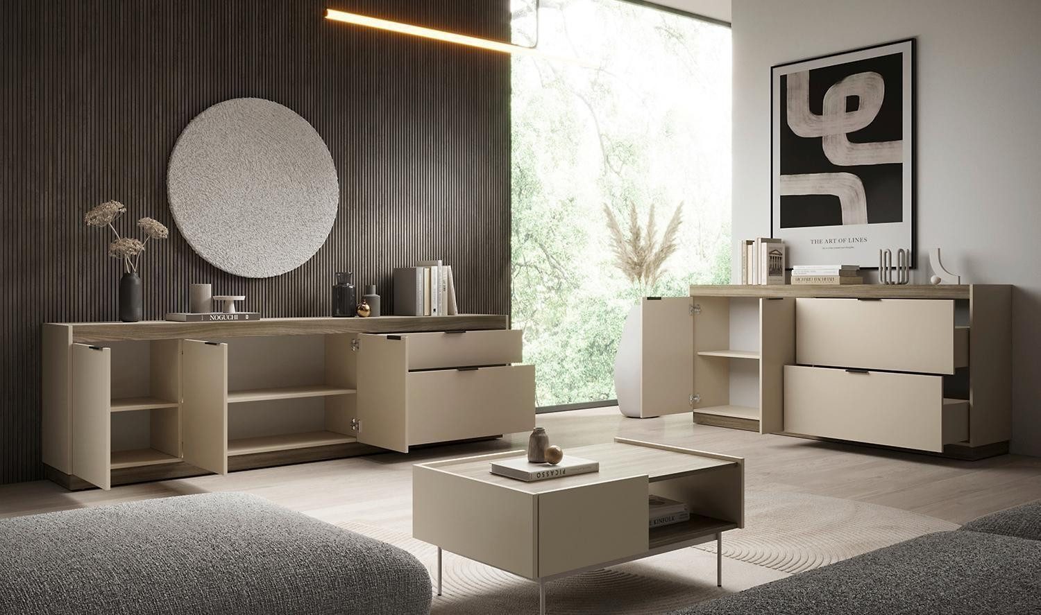 HBZ Meble Sideboard JANA, Praline Elm Dekor, Sandgrau, 2 Türen, 2 Schubladen, B 183 x H 86 x T 40 cm