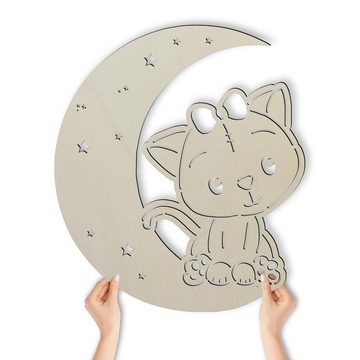 Namofactur LED Dekolicht Wandlampe Mond Katze Holz Wand Deko Lampe Nachtlicht I Kinderzimmer, Ohne Zugschalter/Stern, LED fest integriert, Warmweiß