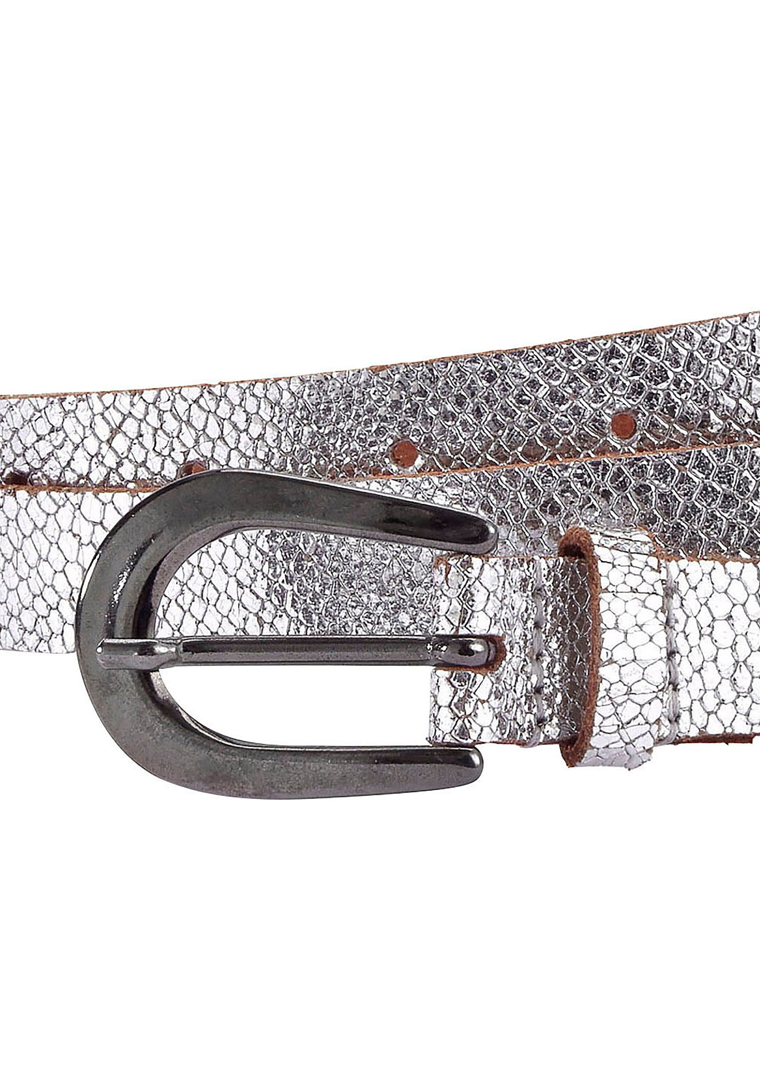 LASCANA Hüftgürtel Ledergürtel, schmaler Gürtel, Anzuggürtel aus Leder in Metallic-Snake-Optik für Hosen, Jeans & Kleider – Bild 3 von 5