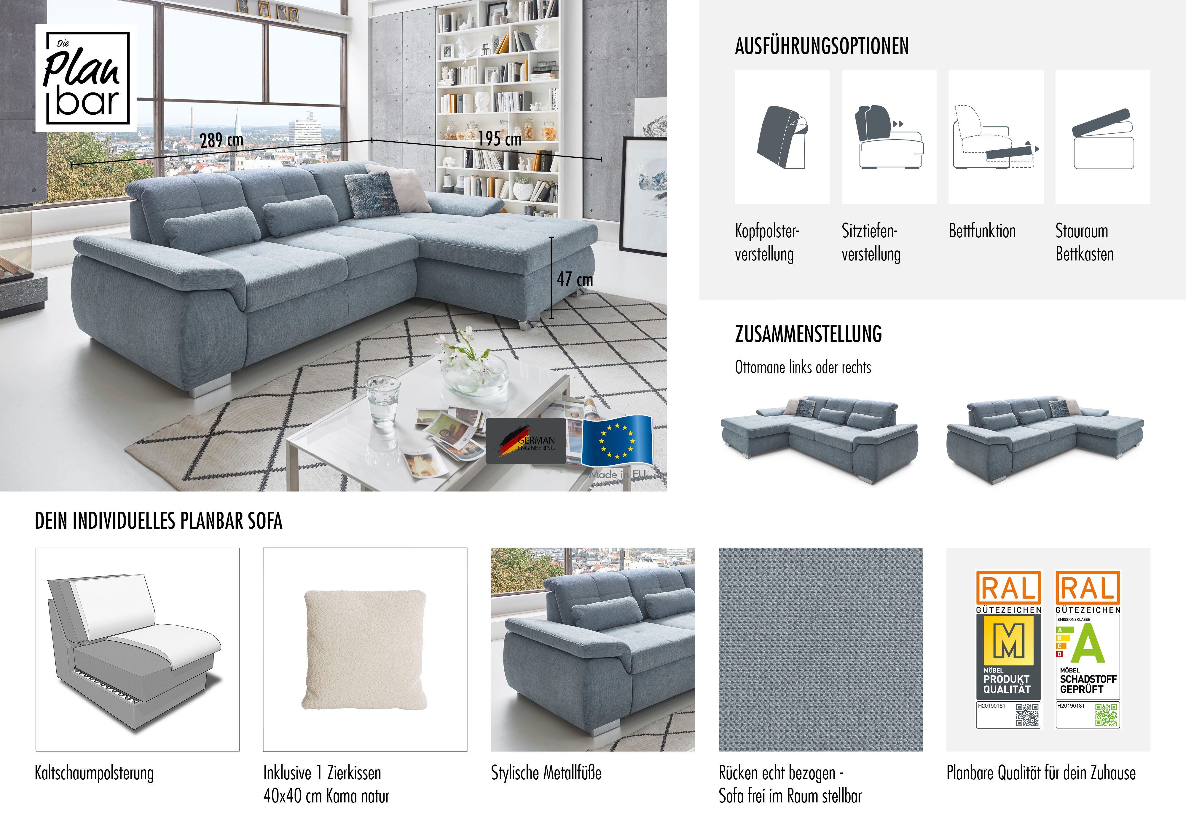 Die PlanBar Ecksofa MP-IN16037 L-Form, Breite 289 cm, mit Kaltschaum-Polsterung, mit Sitztiefenverstellung & Zierkissen