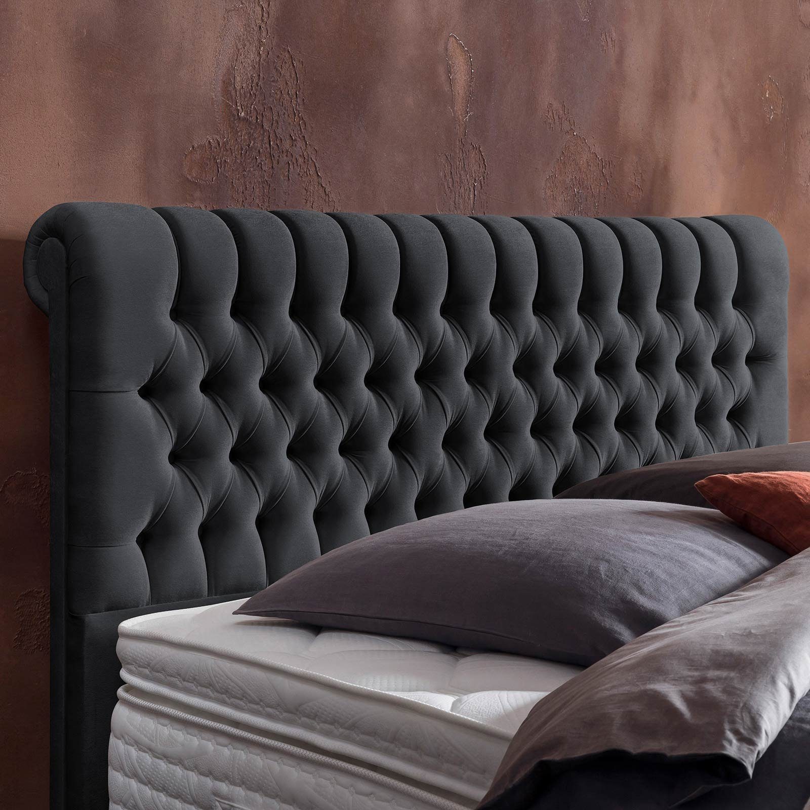 200 optionaler (140 BettCo in Velours), Topper, + Chester cm, Schwarz Schwarze Chesterfield-Design Metallfüße x Boxspringbett