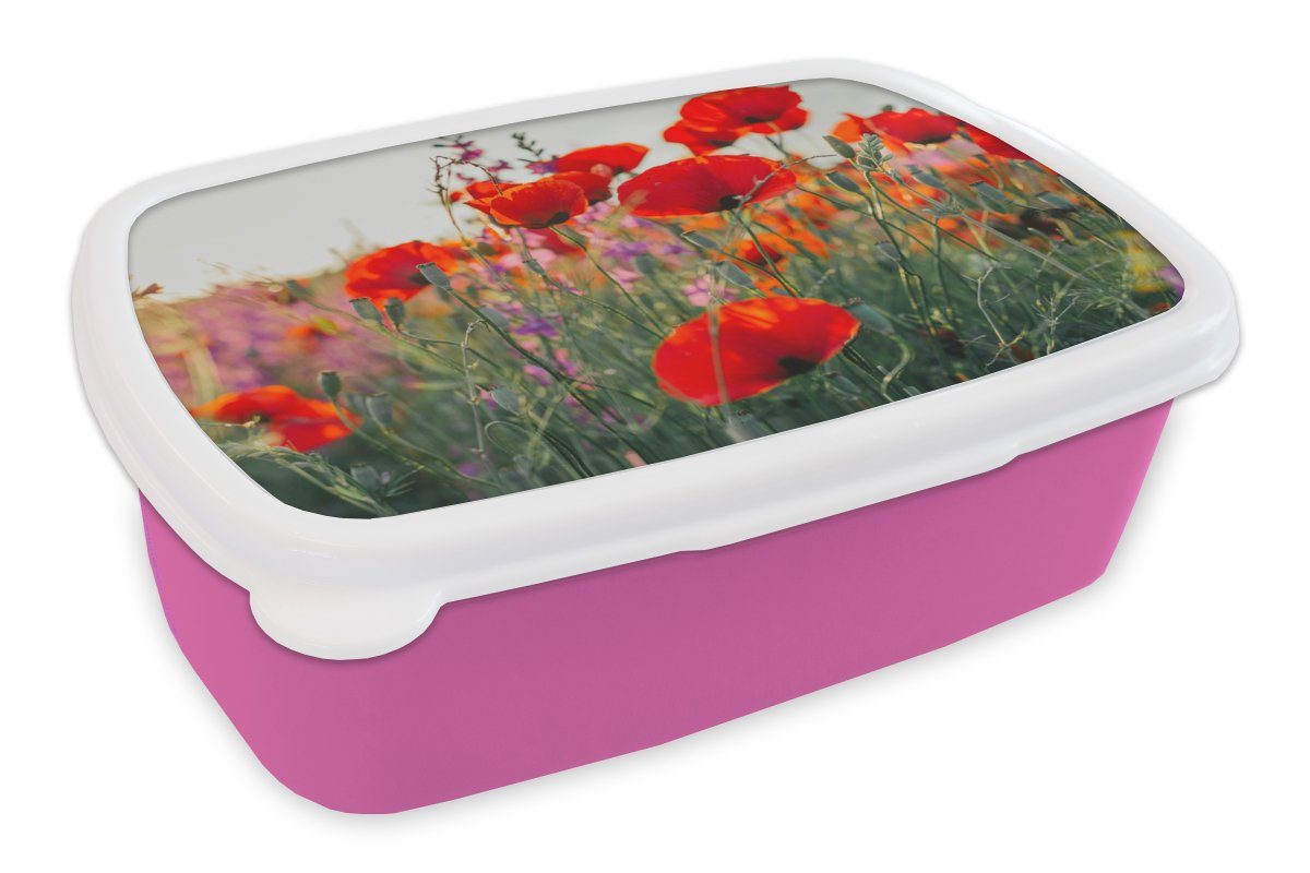 MuchoWow Lunchbox Mohn - Blumen - Rot - Lila - Wiese, Kunststoff, (2-tlg), Brotbox für Erwachsene, Brotdose Kinder, Snackbox, Mädchen, Kunststoff rosa