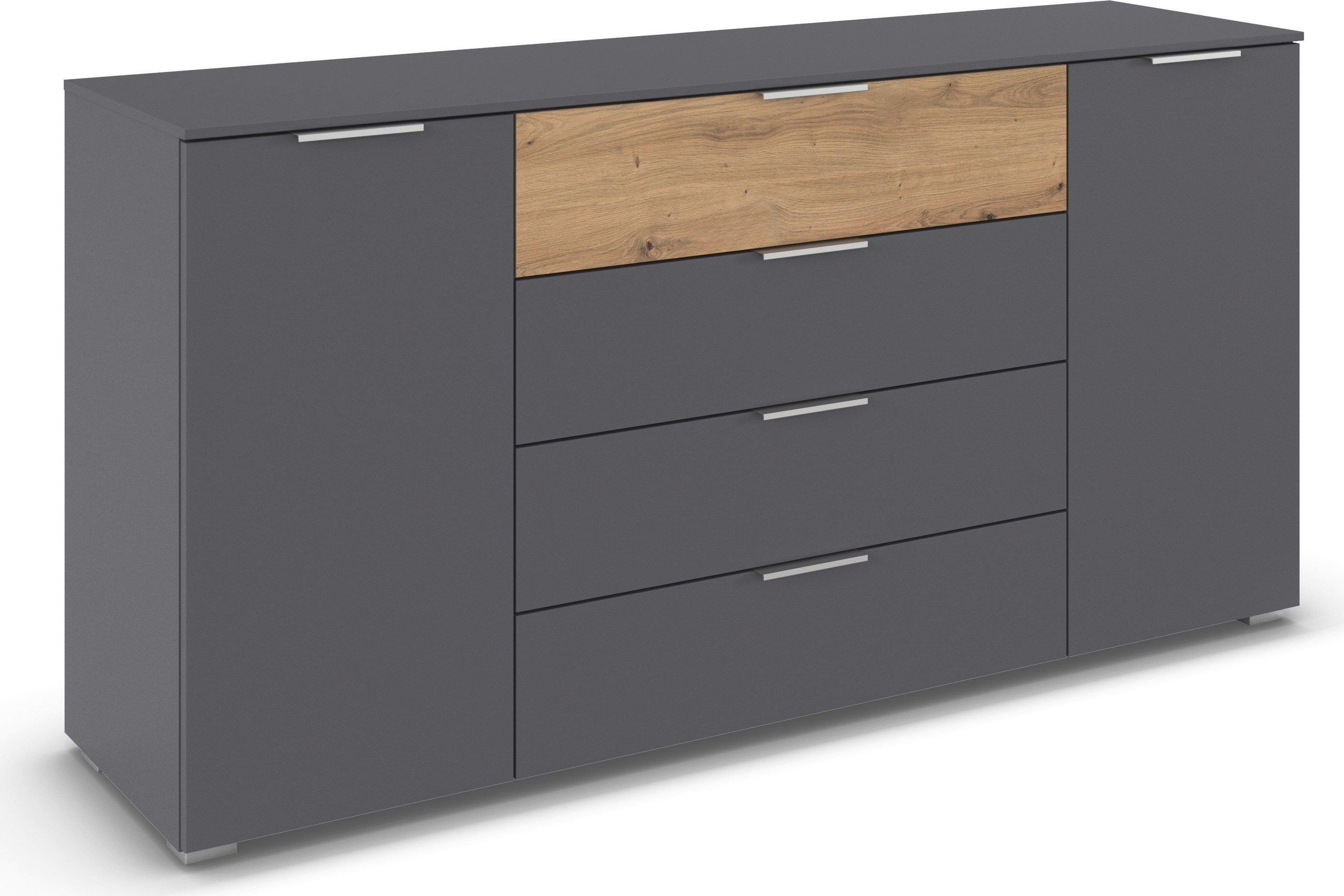 rauch Kombikommode Sideboard Türkommode Schubladenkommode Kommode ASTANA (Breite 160 cm / Höhe 81 cm, mit 4 Einlegeböden), 2-türig, 4 geräumige Schubladen, Kantengriff Alufarben MADE IN GERMANY