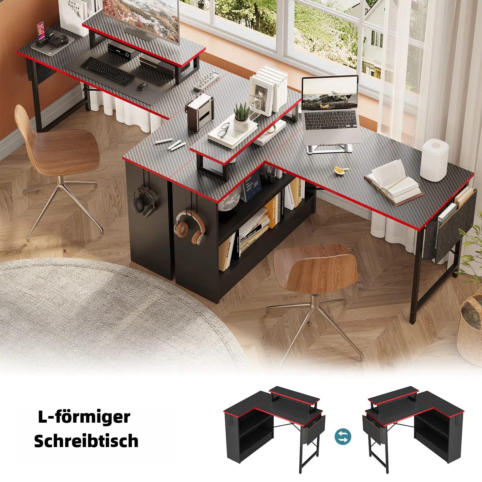 Bestier Computertisch Schreibtisch mit RGB-Beleuchtung und Halterungen (107x80x89cm Reversibler Gamingtisch mit Stauraum, Monitorständer), Eckschreibtisch Breit – Bild 4 von 5