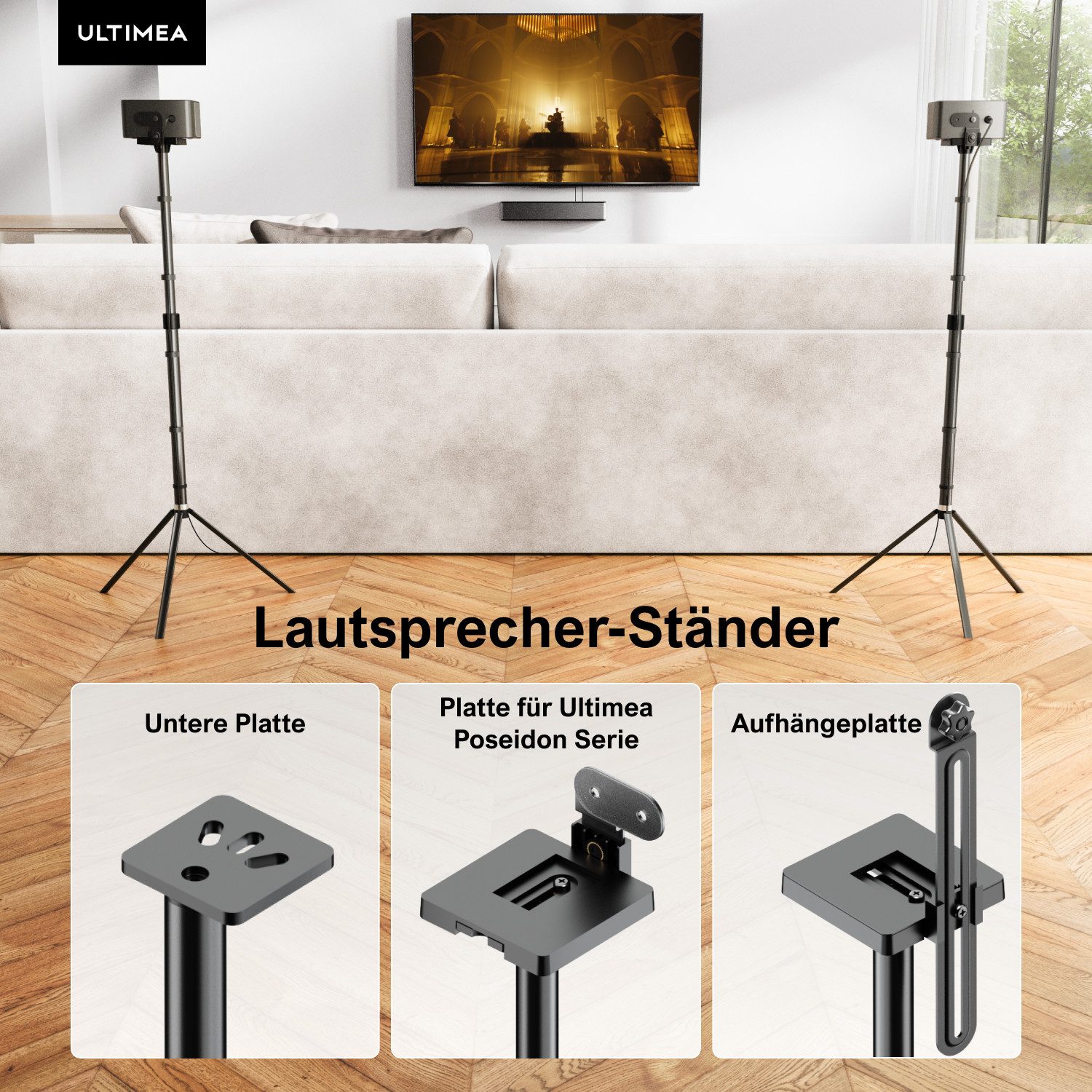 Ultimea Lautsprecherständer Steady 300, (2er-Set universell höhenverstellbare, 2er-Set höhenverstellbar, ausziehbar 62–93 cm, Tragkraft bis 3 kg)