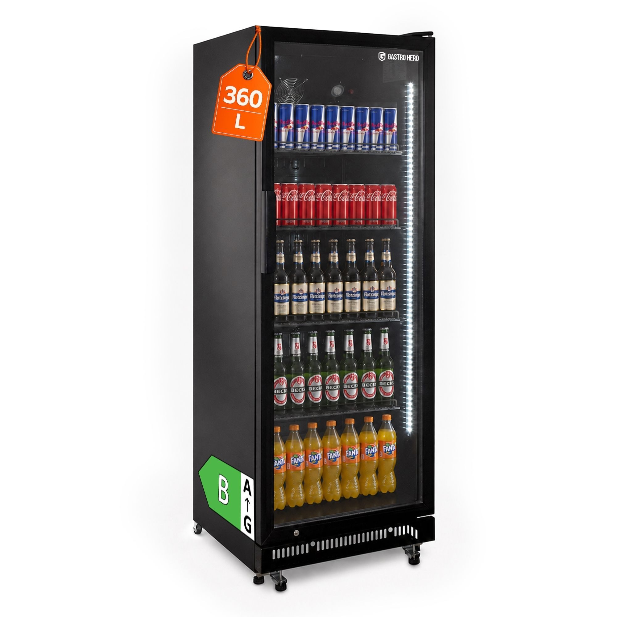GastroHero Getränkekühlschrank Flaschenkühlschrank 360 L, Glastür & LED, abschließbar schwarz GKS-360, 175.2 cm hoch, 62 cm breit, selbstschließender Isolierglastür, schwarz