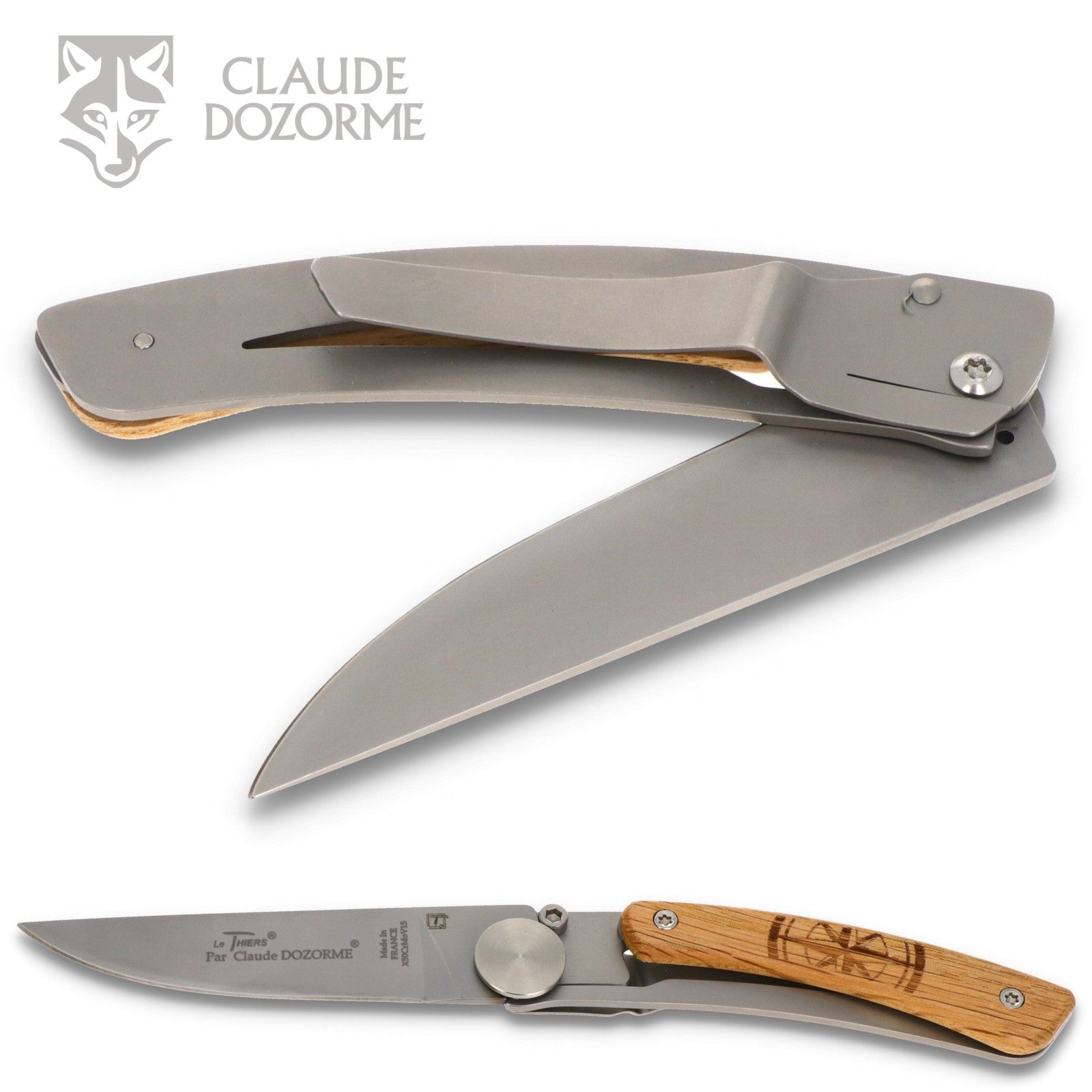 Claude Dozorme Taschenmesser 1.90.142.46BO, Le Thiers "Kompass" - Griff 10cm Eiche - LinerLock - Clip - Stahl matt