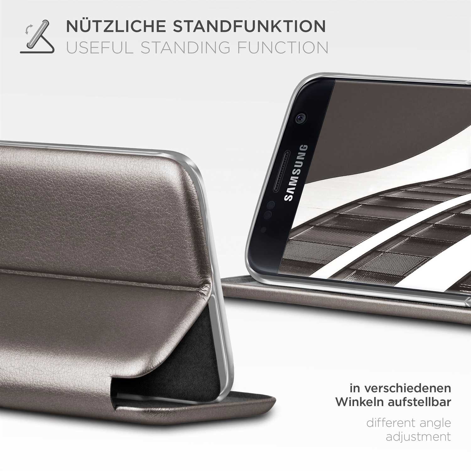 ONEFLOW Handyhülle für Samsung Galaxy S7 Premium Hülle Business Cover Grau 5,1 Zoll, 360 Grad Schutzhülle Flip Case Etui Klapphülle Dünn Leder Handy Tasche