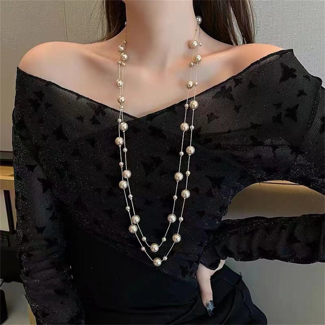Kette mit (1-tlg) Faux Long Multi Women's Gravur Anhänger DAYUT mit Fashion Perlenkette Layers