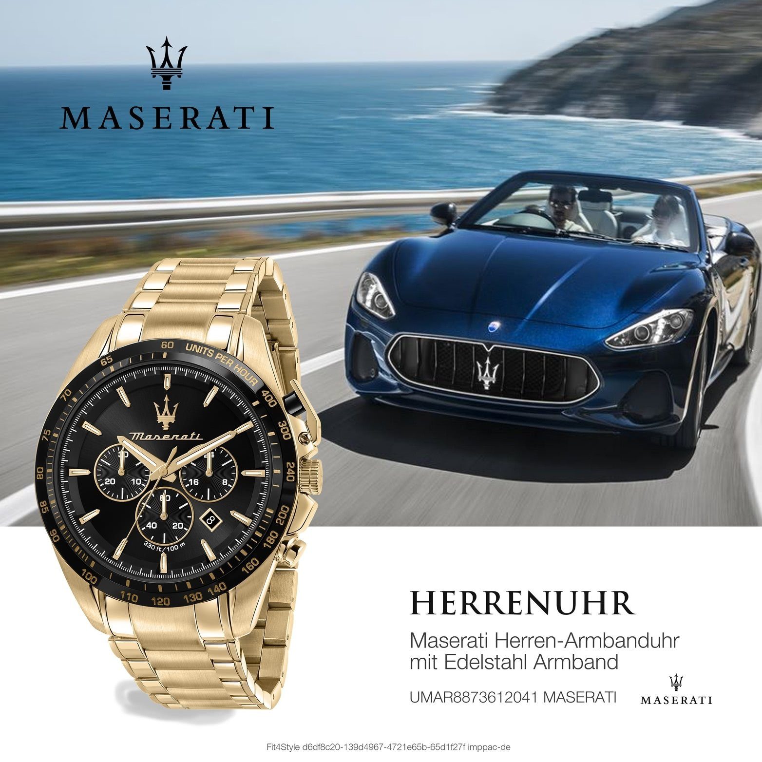 Maserati Armband-Uhr, MASERATI 45mm) Gehäuse, Edelstahl groß Edelstahlarmband, rundes schwarz (ca. Herrenuhr Chronograph