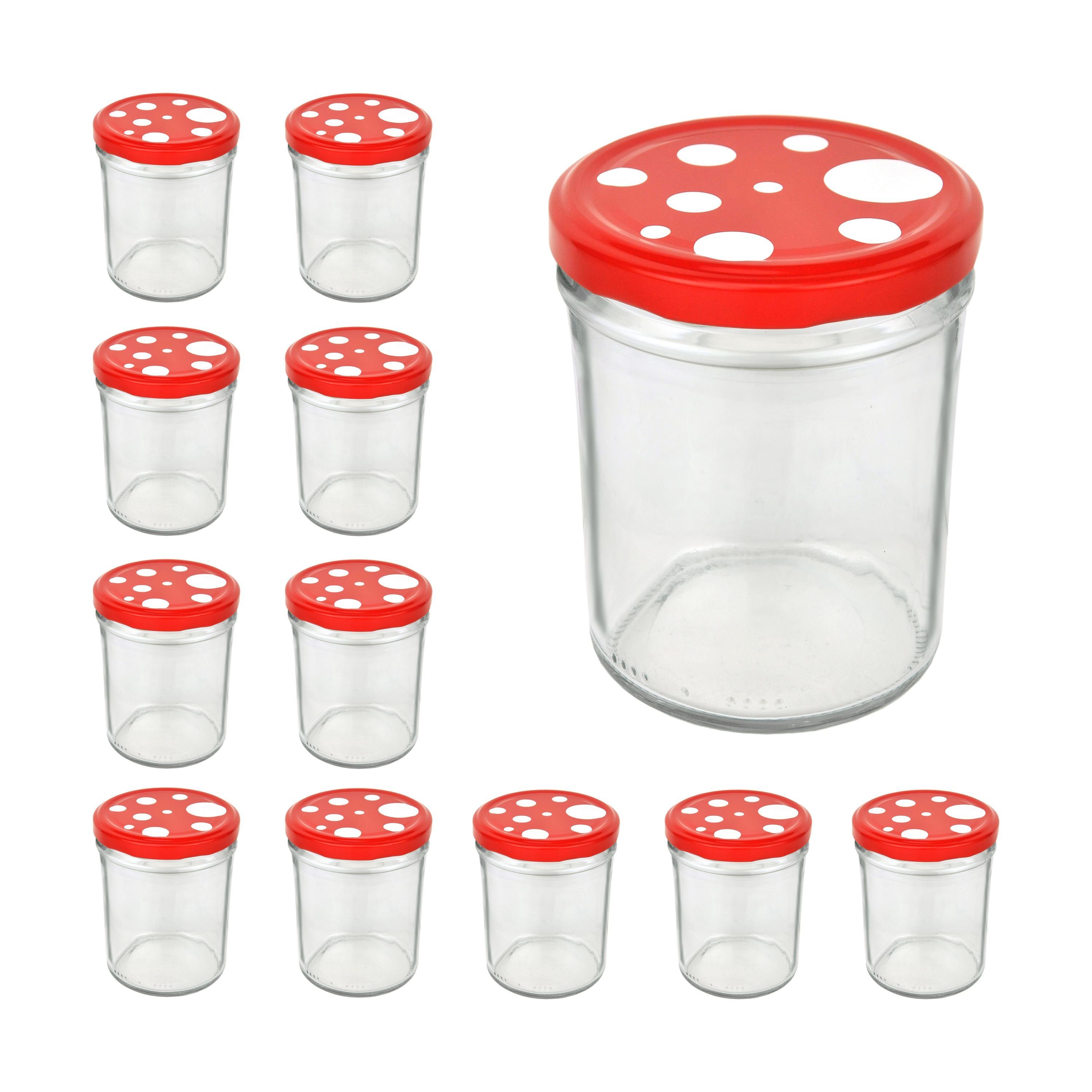 MamboCat Einmachglas CAPCRO 12er Set Sturzglas 435 ml To 82 Fliegenpilz Deckel rot weiß, Glas