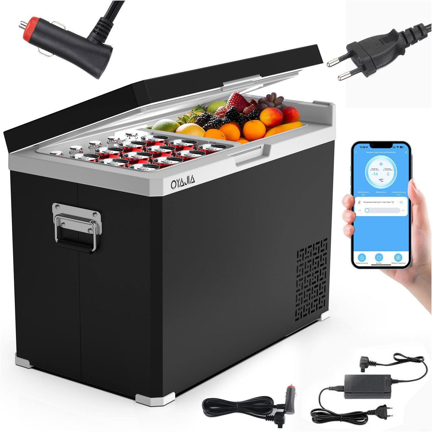 oyajia Elektrische Kühlbox Kompressor Gefriertruhe mobiler Kühlschrank, Kühltruhe, Gefrierbox, 40 l, Dual-Zone (20°C bis +20°C), 12V/24V/230V, APP Steuerung, Trennwand