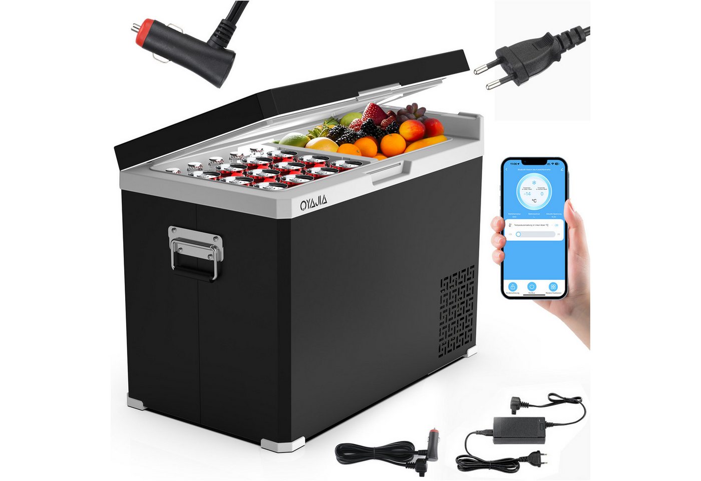 oyajia Elektrische Kühlbox Kompressor Gefriertruhe mobiler Kühlschrank, Kühltruhe, Gefrierbox, 40 l, Dual-Zone (20°C bis +20°C), 12V/24V/230V, APP Steuerung, Trennwand
