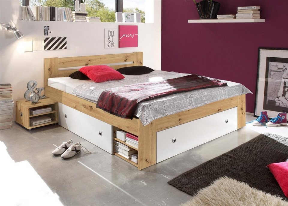 möbelando Stauraumbett Robina, Moderne Doppelbett Bettanlage 140 x 200 cm  mit 2x Nachtkommoden - Schlafzimmer Komplett-Set in Artisan Eiche Optik,  weiß - 145 x 86 x 204 cm (B/H/T)