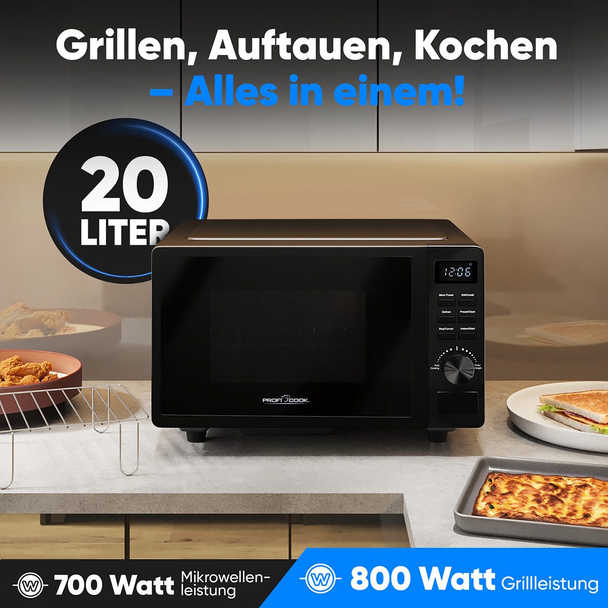 ProfiCook Mikrowelle PC-MWG 1278, Mikrowelle mit Grill, ohne Drehteller