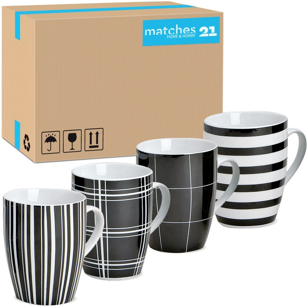 matches21 HOME & HOBBY Tasse Kaffeetassen 36er Set Streifen & Karo-Design, Porzellan, Tee Kaffee-Becher klassisch schwarz weiss gestreift 300 ml