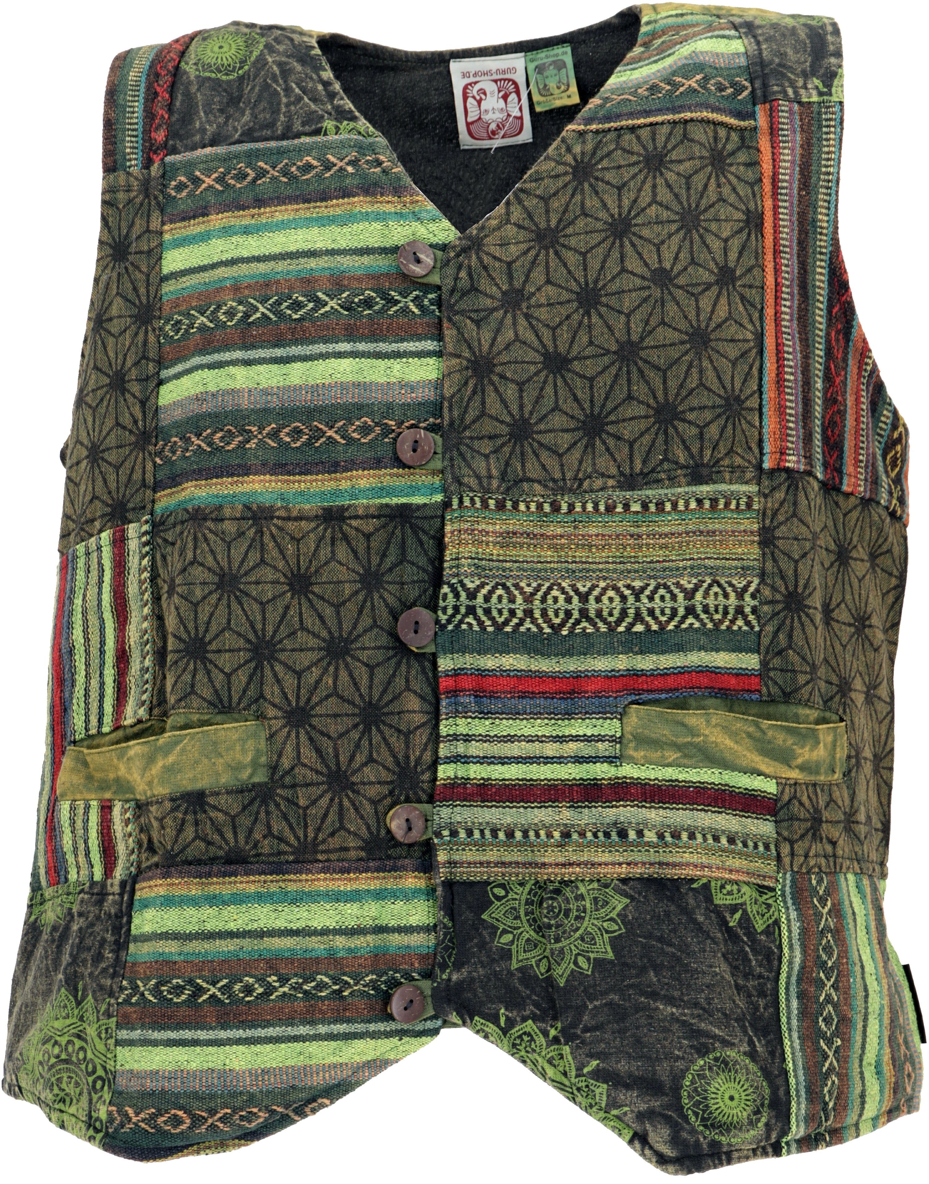 grün Bekleidung Guru-Shop Goaweste, alternative Herren - Weste Psytrance Patchwork Strickjacke