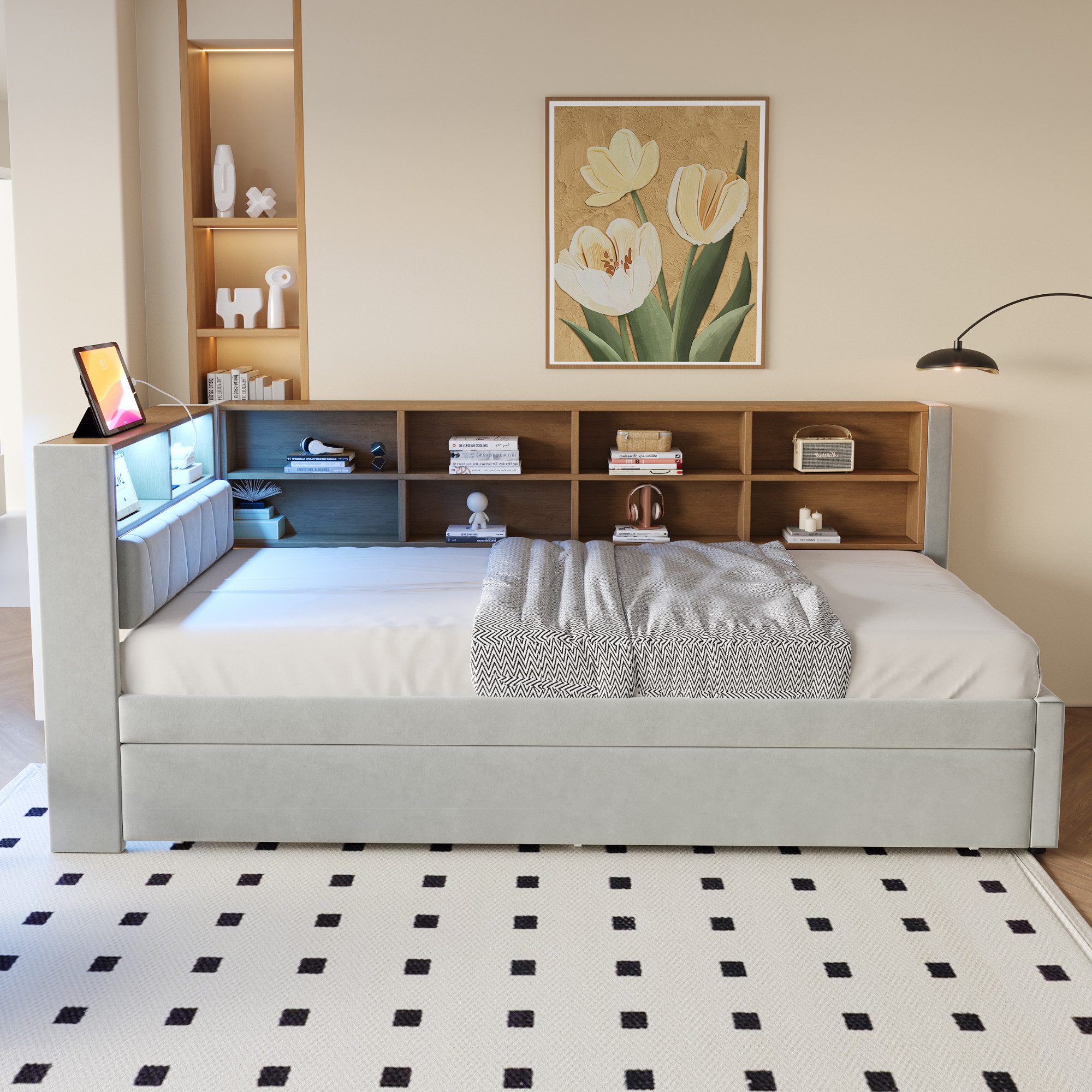 Flieks Daybett, Kinderbett Polsterbett 90x200cm mit LED Steckdose Ausziehbett 90x190cm