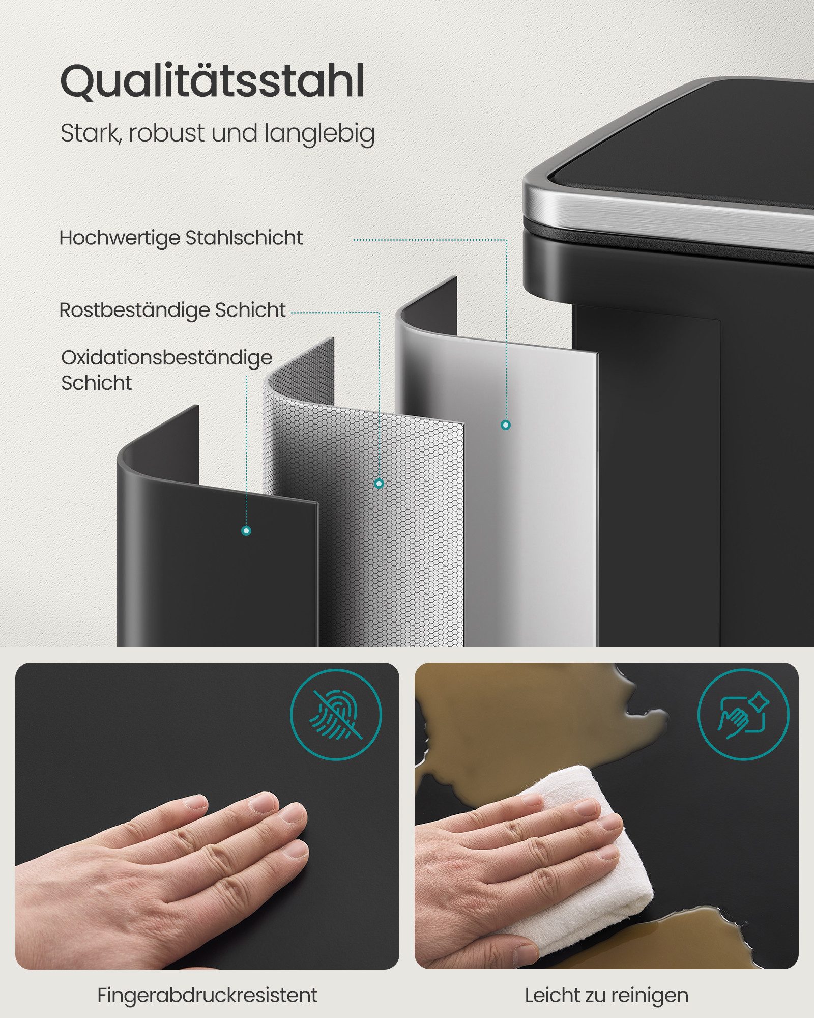 SONGMICS Mülleimer mit sanfter Deckelschließung, 50 L, herausnehmbarer Inneneimer aus Kunststoff, mit Deckel, Griffe – Bild 5 von 5