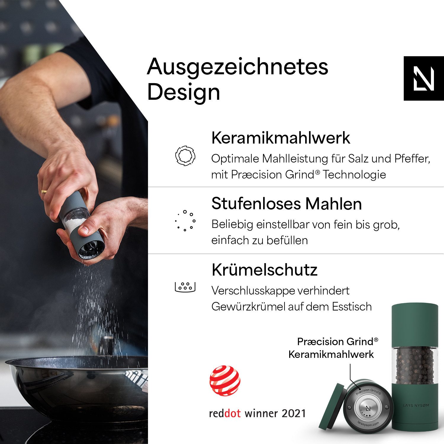 LARS NYSØM Gewürzmühle Sjæl manuelle Bedienung, (2 Stück), Edelstahl Gewürzmühlenset mit Keramikmahlwerk (Stufenlos) – Bild 2 von 5