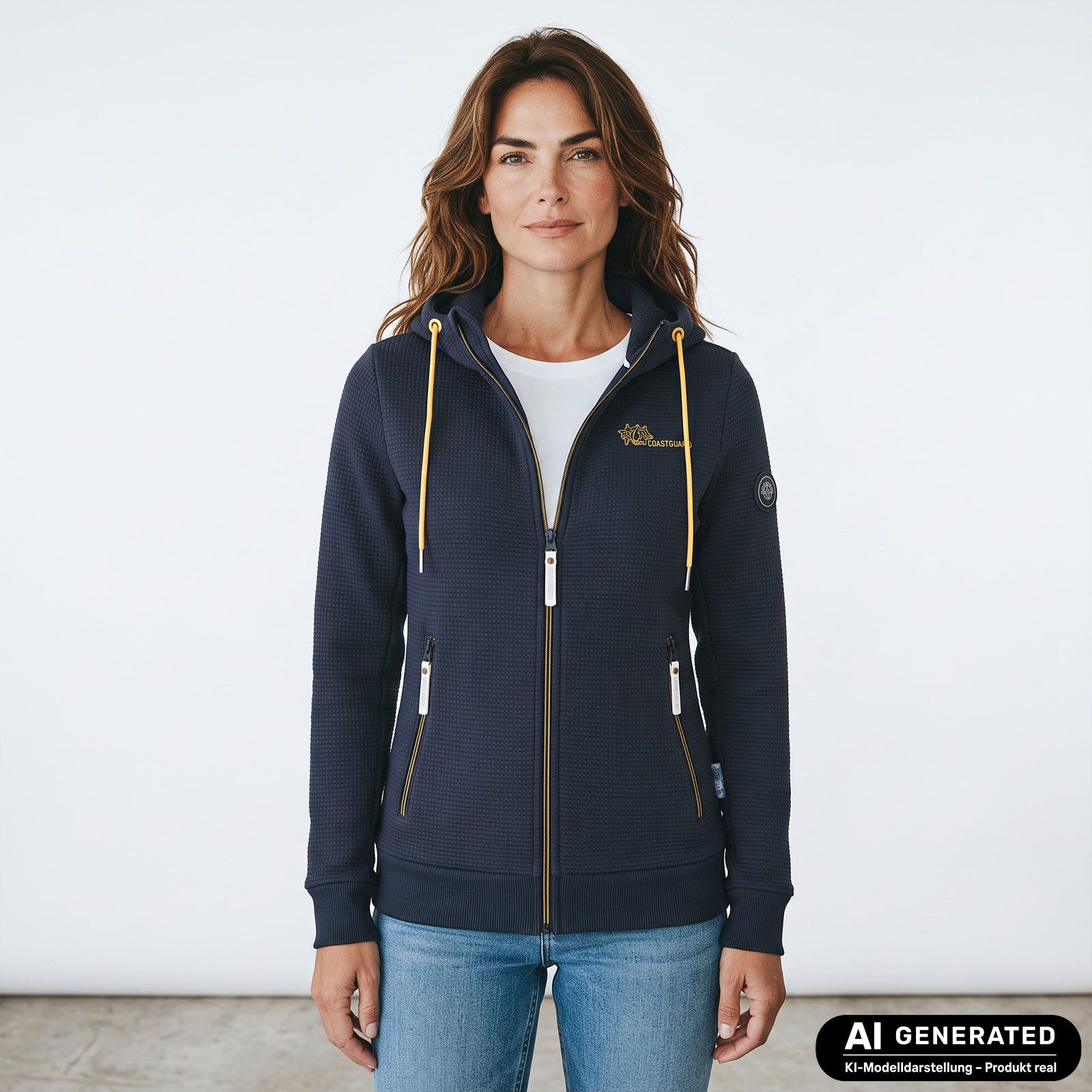 Coastguard Kapuzensweatjacke Damen Sweatjacke 51063 mit Kapuze - Kapuzenjacke mit Waffelstruktur Kapuzen-Print, Kinnschutz, Reißverschlusstaschen, Rippbündchen – Bild 3 von 5