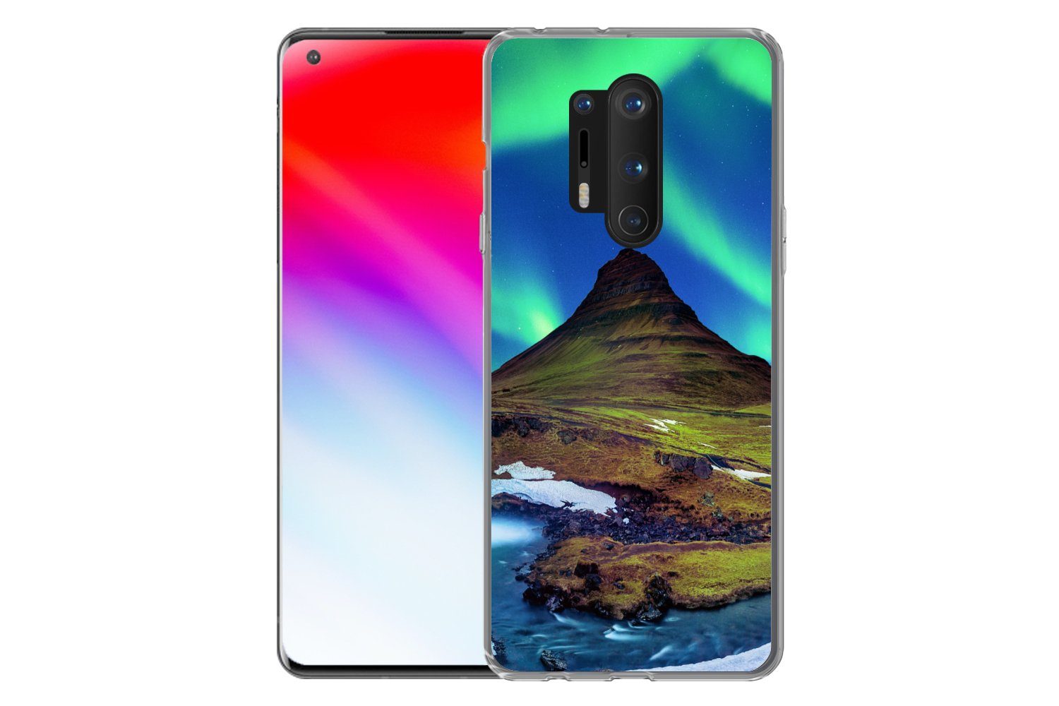 MuchoWow Handyhülle für OnePlus 8 Pro Nordlicht - Sternenhimmel - Island - Berg - Grün - W, Phone Case, Silikon, Schutzhülle Dünn