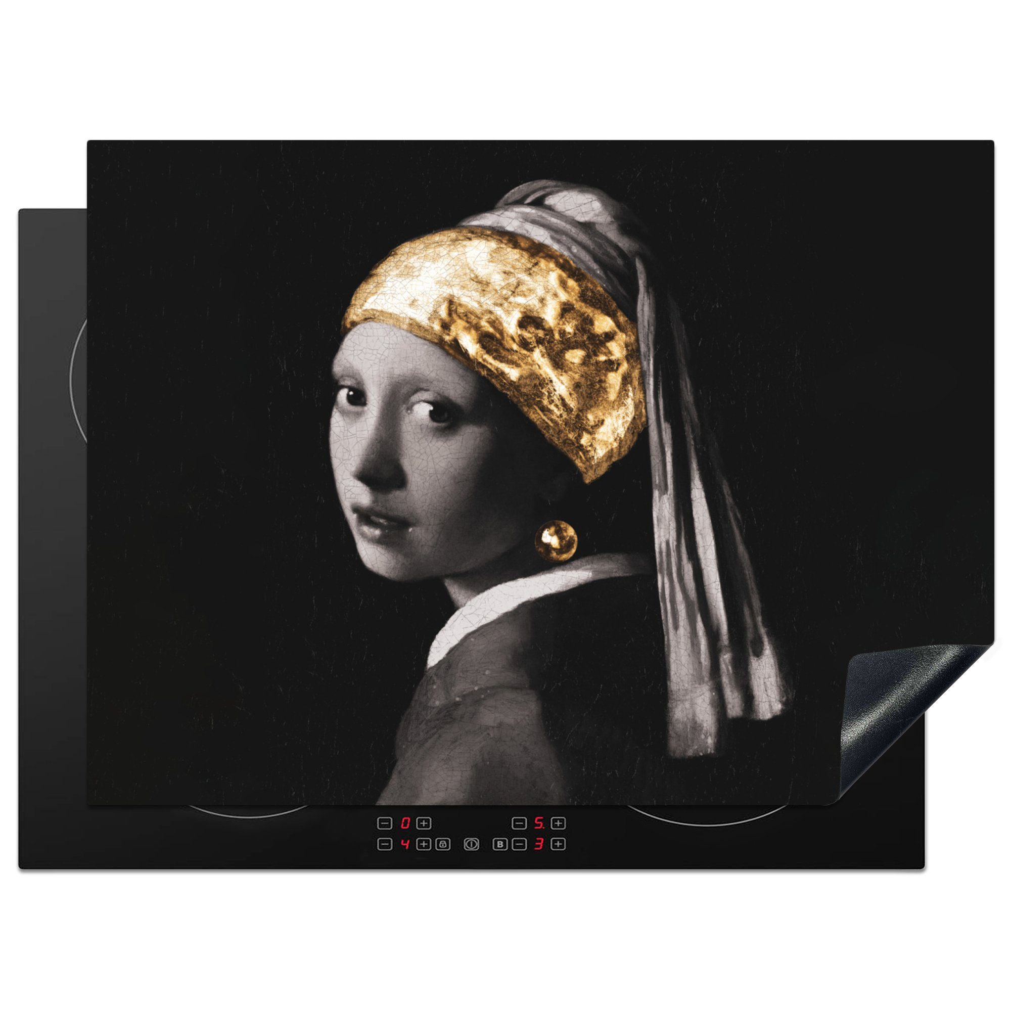 MuchoWow Herdblende-/Abdeckplatte Mädchen mit Perlenohrring für Vermeer Induktionskochfeld die - - Schwarz Schutz Vinyl, Gold, Weiß küche, - (1 71x52 tlg), Ceranfeldabdeckung cm, 