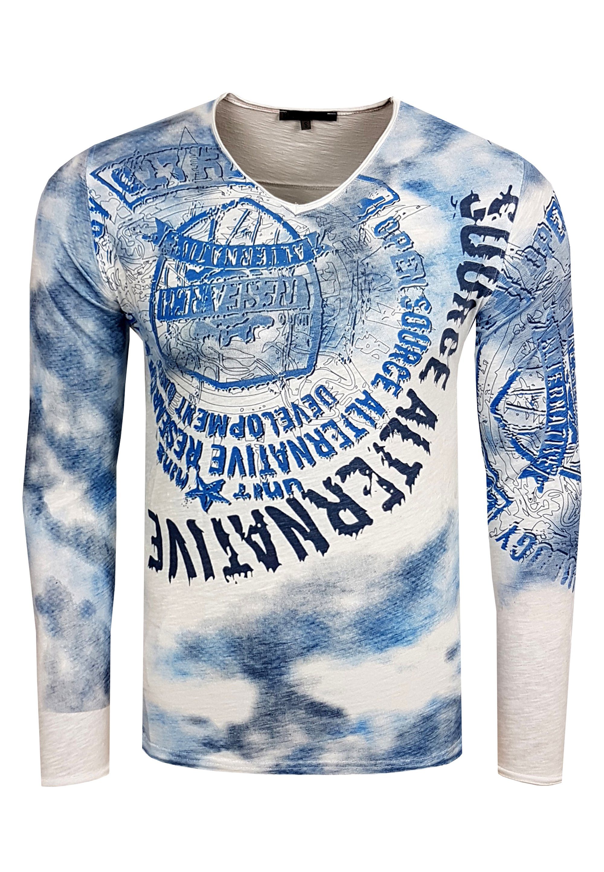 weiß-blau Frontprint Langarmshirt mit coolem Neal Rusty