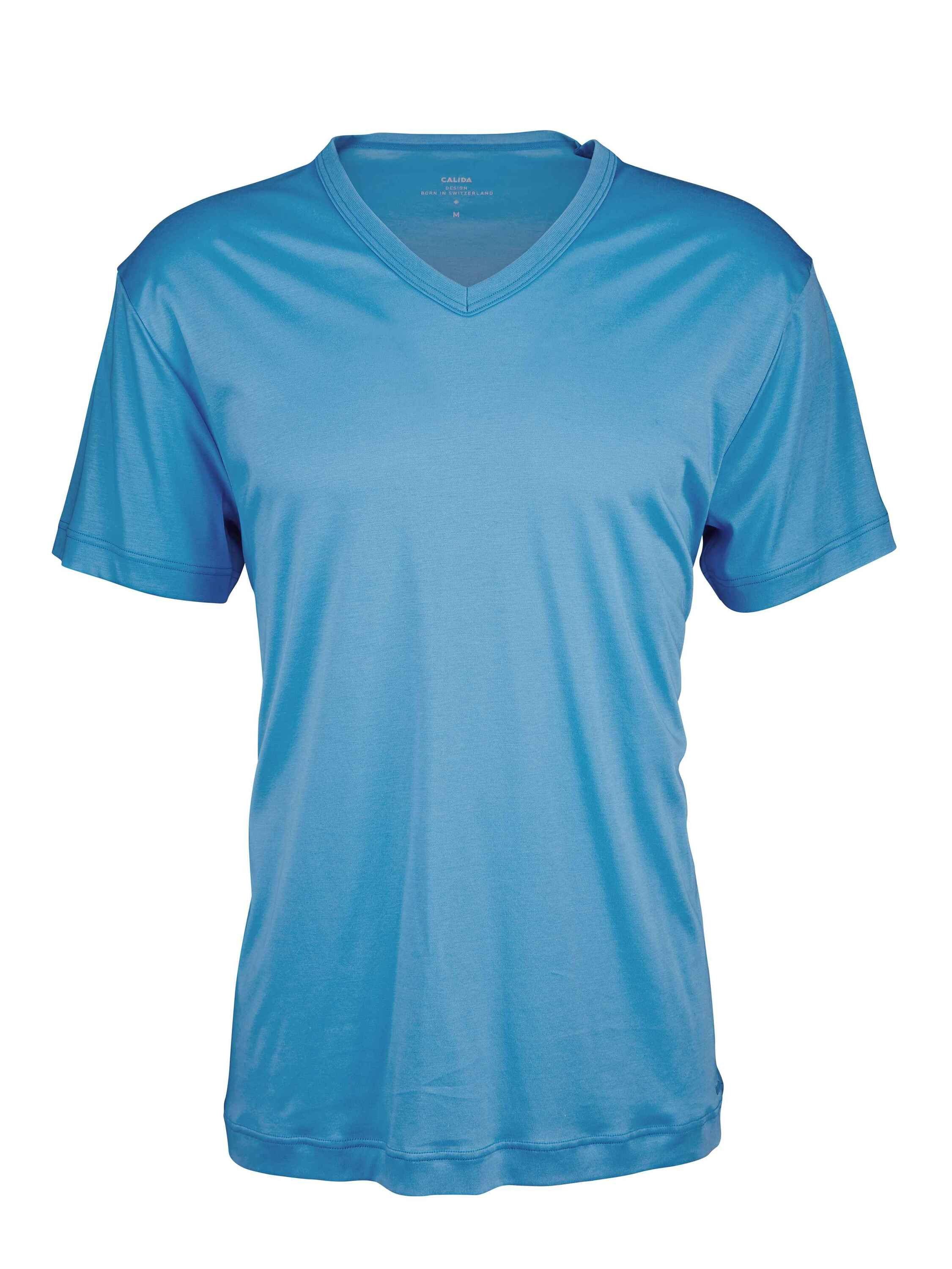 (1-tlg) CALIDA blue azurit Kurzarm-Shirt, V-Neck Kurzarmshirt
