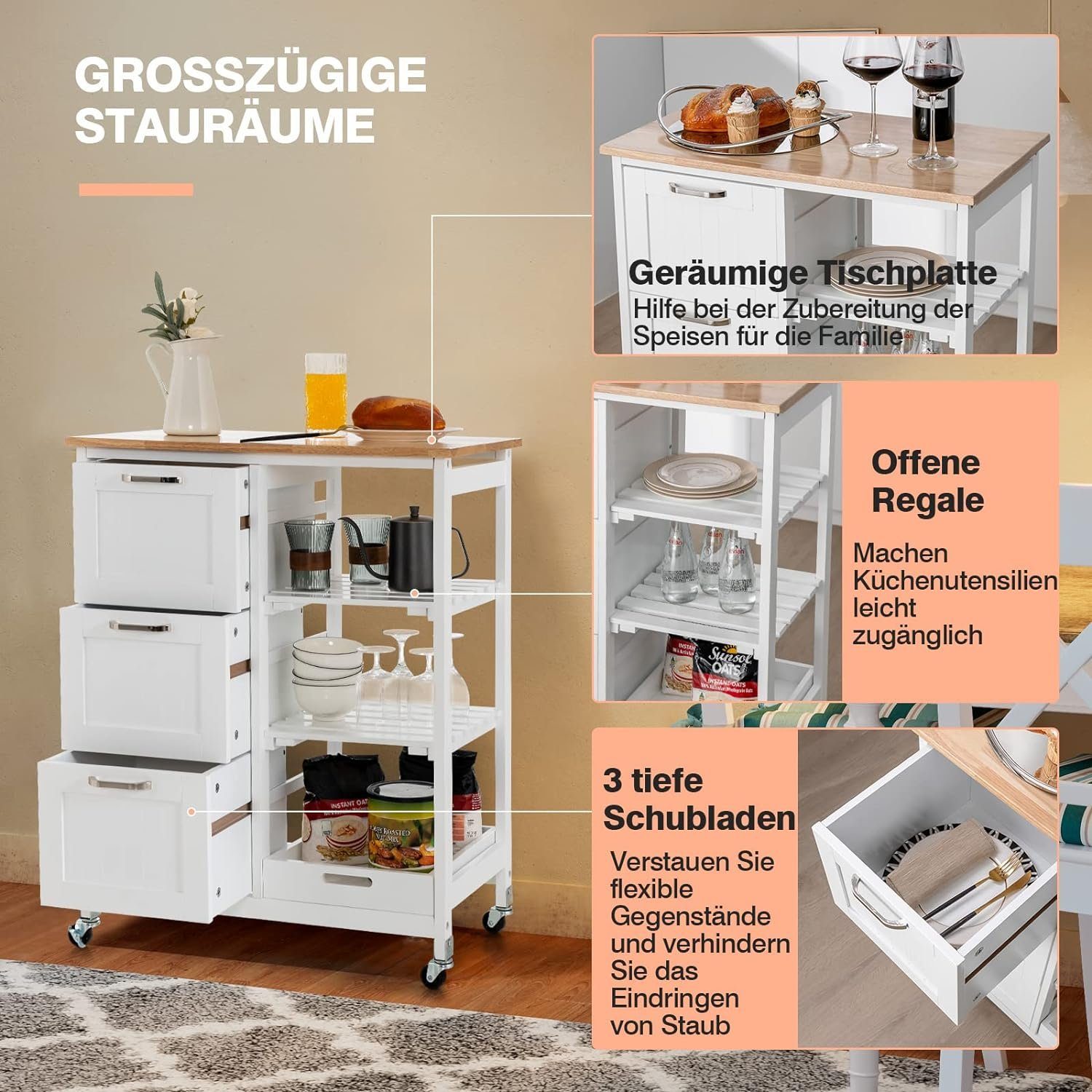 KOMFOTTEU Küchenwagen Servierwagen, mit 3 Schubladen & 3 Ablagen, 67 x 37 x günstig online kaufen