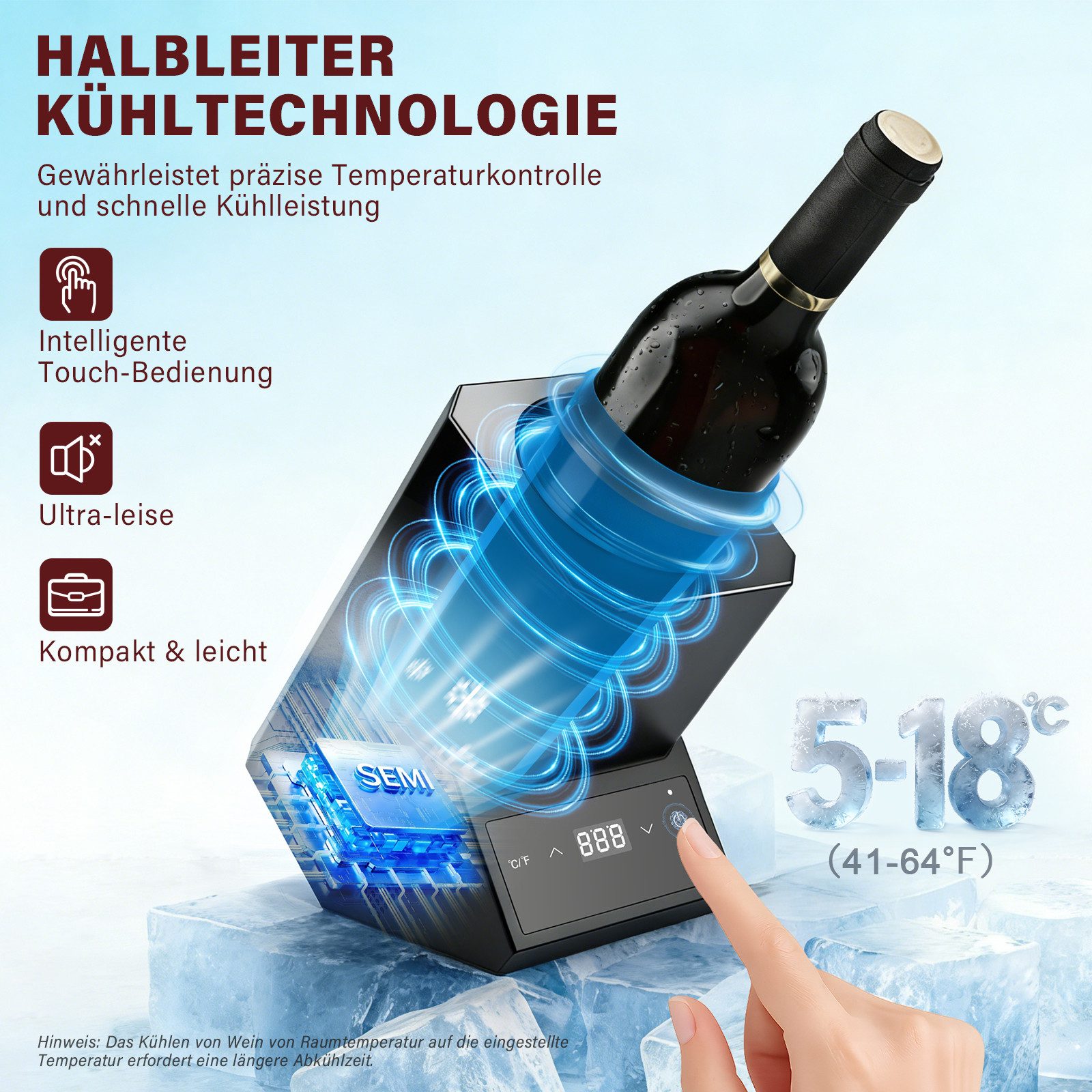 XERSEK Elektrischer Weinkühler 5-18°C Einstellbar Kühler Flaschenkühler Getränkekühler bis Ø92mm, Sensor-Touch Bedienung & 24H Dauerbetrieb für Wein Sekt Champagner