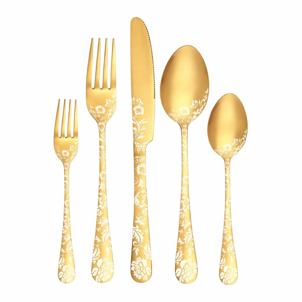 Diwzbyn Besteck-Set 20-teilig für 4 Personen – Edelstahl Messer (20-tlg), Gabeln & Löffel, elegantes Pfingstrosen-Design für Küche und Esstisch