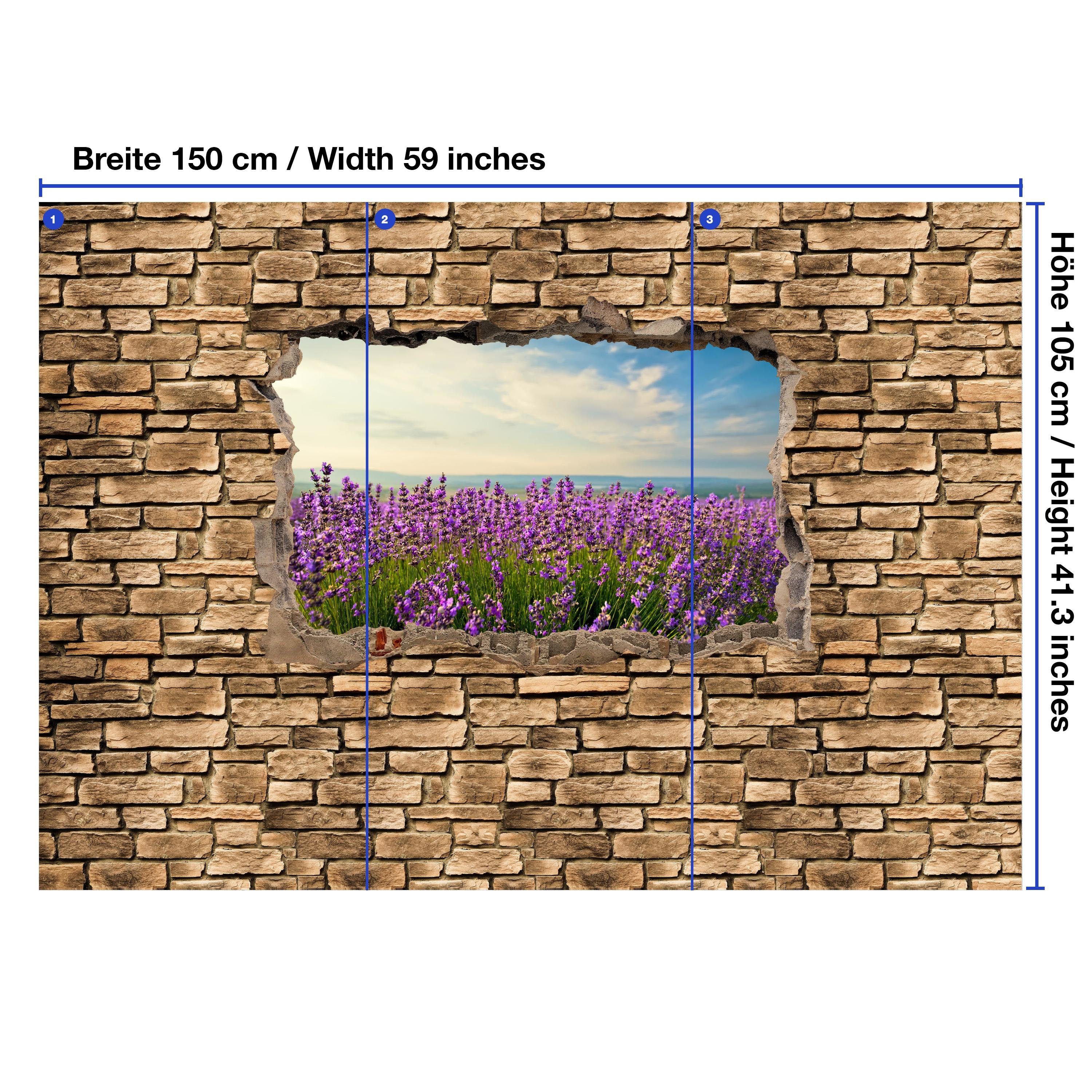 wandmotiv24 Fototapete 3D - am Motivtapete, Meer Lavendelfeld Steinmauer, Vliestapete matt, Wandtapete, glatt