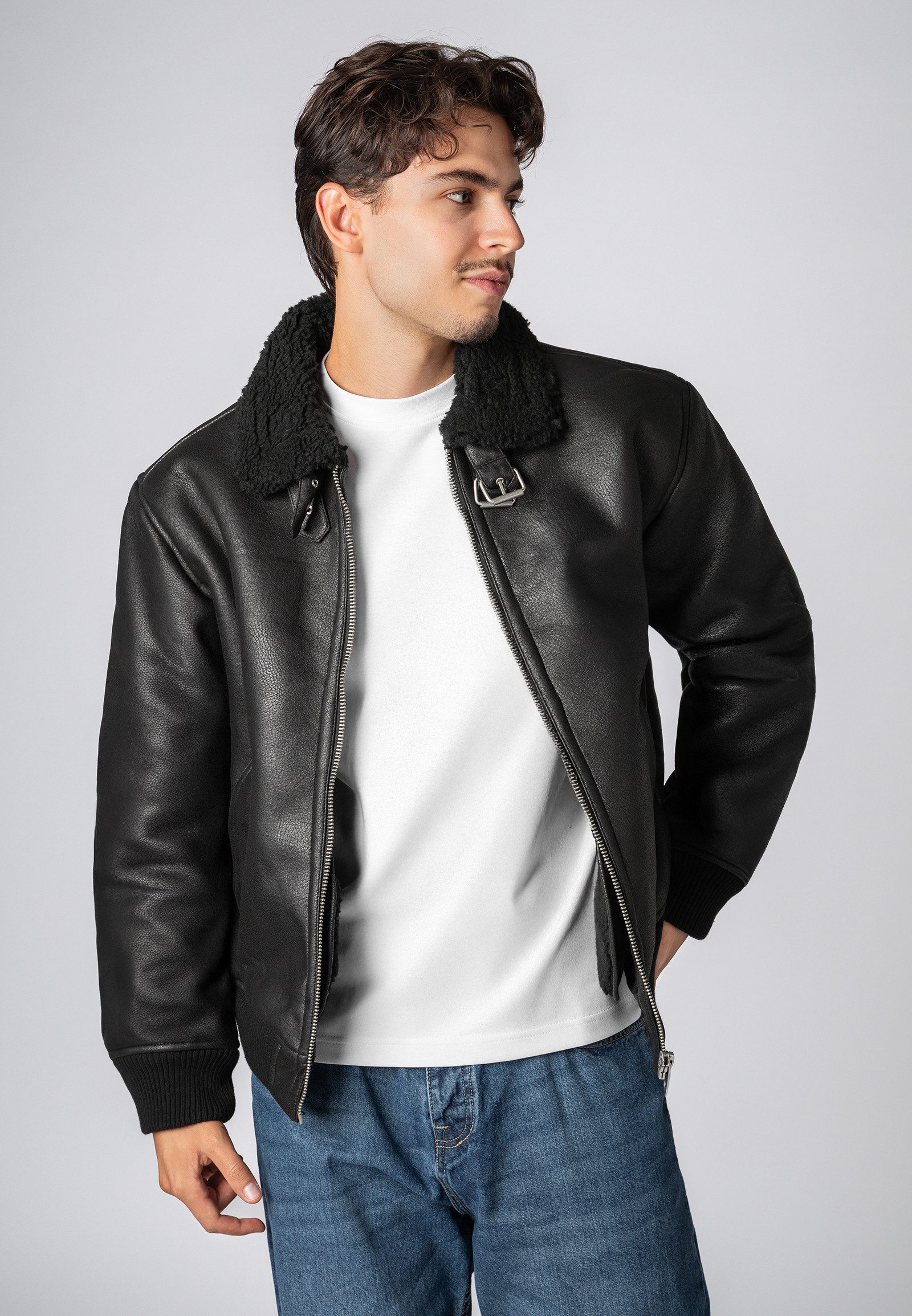 SUBLEVEL Winterjacke Herren Jacke aus Kunstleder mit Kunstfelleinsatz Kunstfellfutter und -kragen mit Schnallen